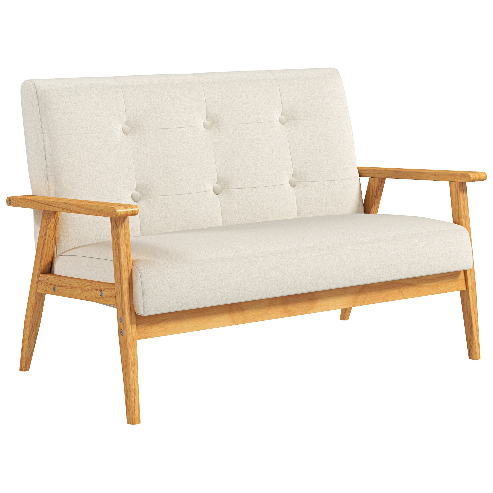 Canapé 3 places 115 cm, canapé scandinave avec dossier capitonné, assise rembourrée et accoudoirs, pieds en bois d'hévéa, pour salon, chambre, petit espace, beige