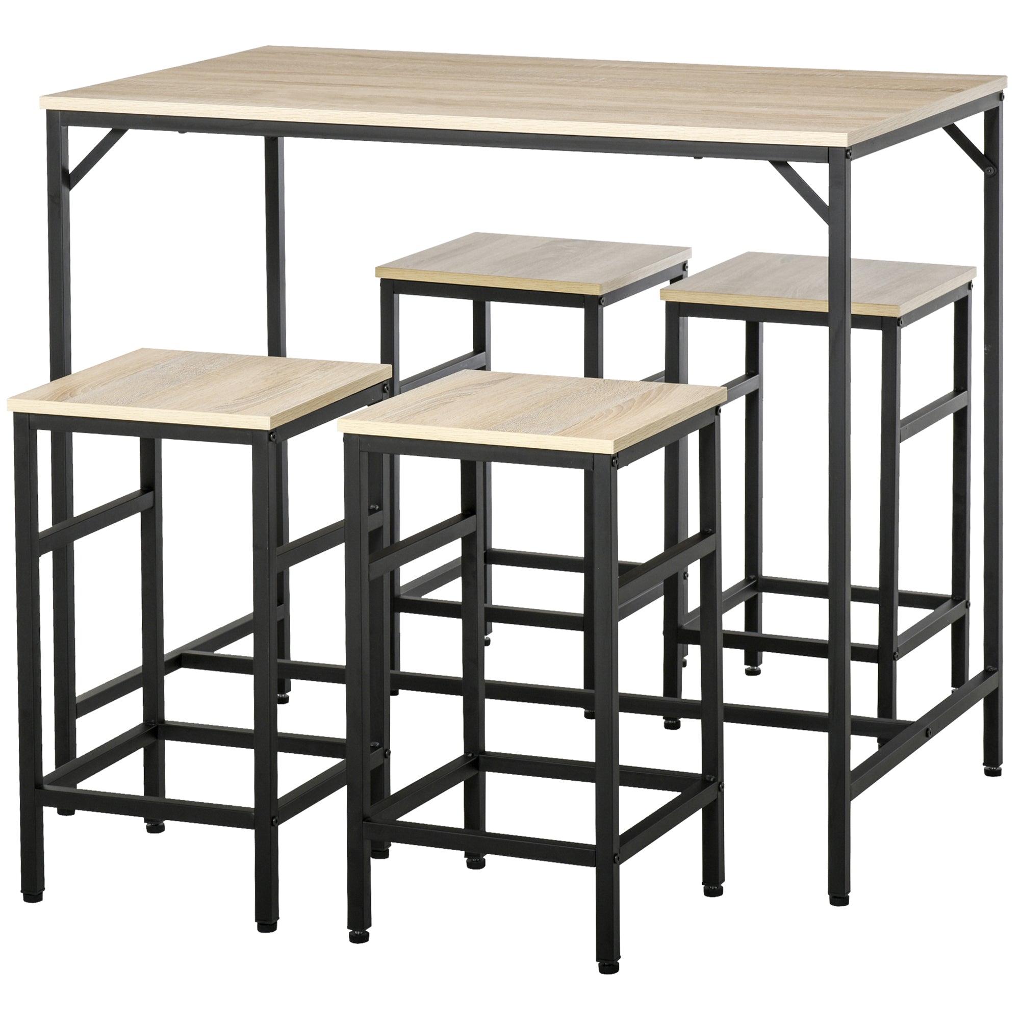 Ensemble Table de Bar Industriel + 4 tabourets Repose-Pieds en Bois couleur Chêne Clair Cadre en métal Noir