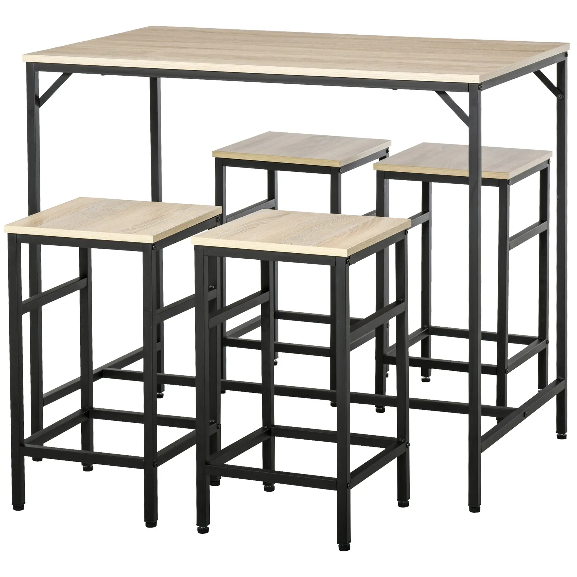 Ensemble Table de Bar Industriel + 4 tabourets Repose-Pieds en Bois couleur Chêne Clair Cadre en métal Noir