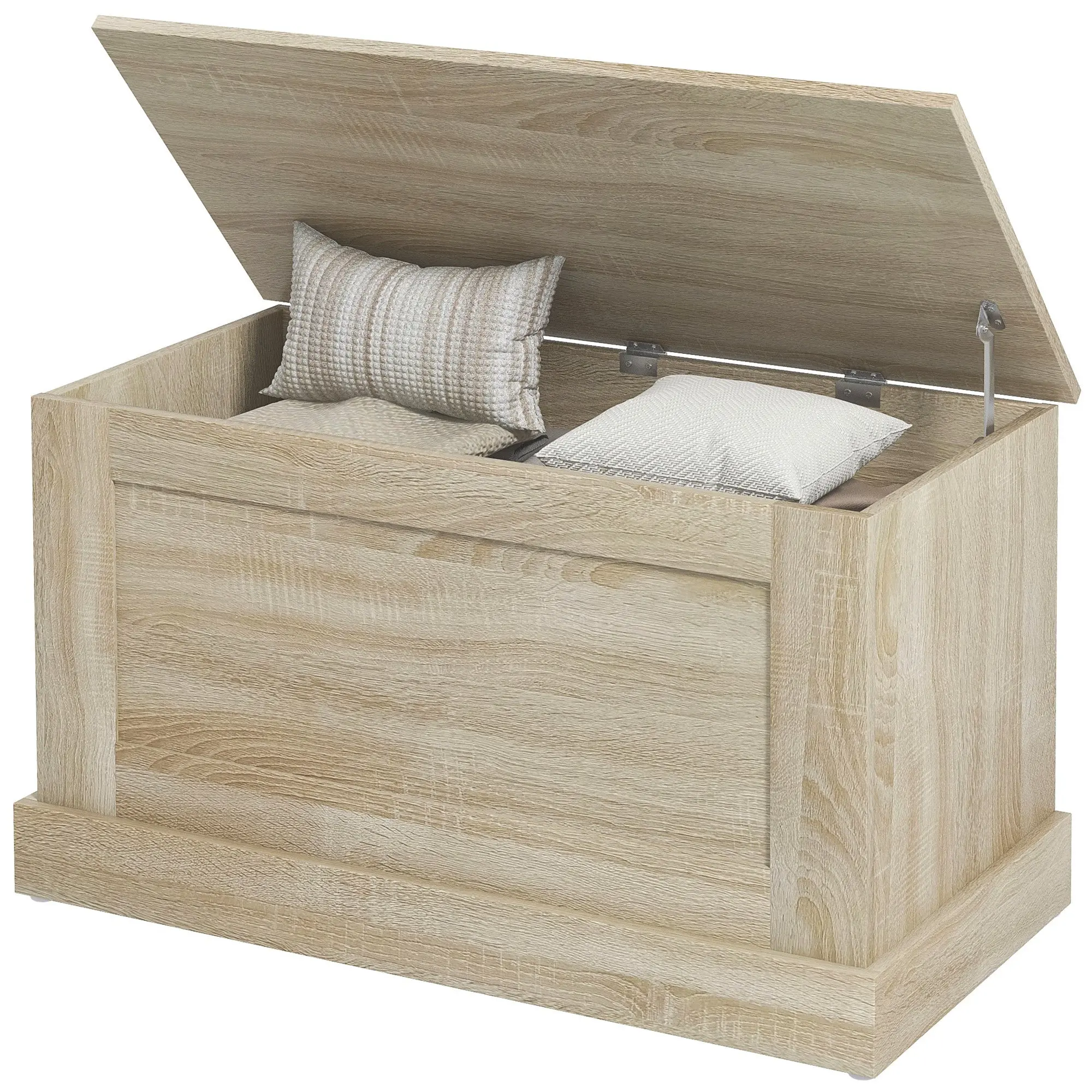 Coffre de rangement, coffre à jouets en bois, avec charnière de sécurité, pour salon, entrée, 80 x 40 x 45 cm, bois naturel