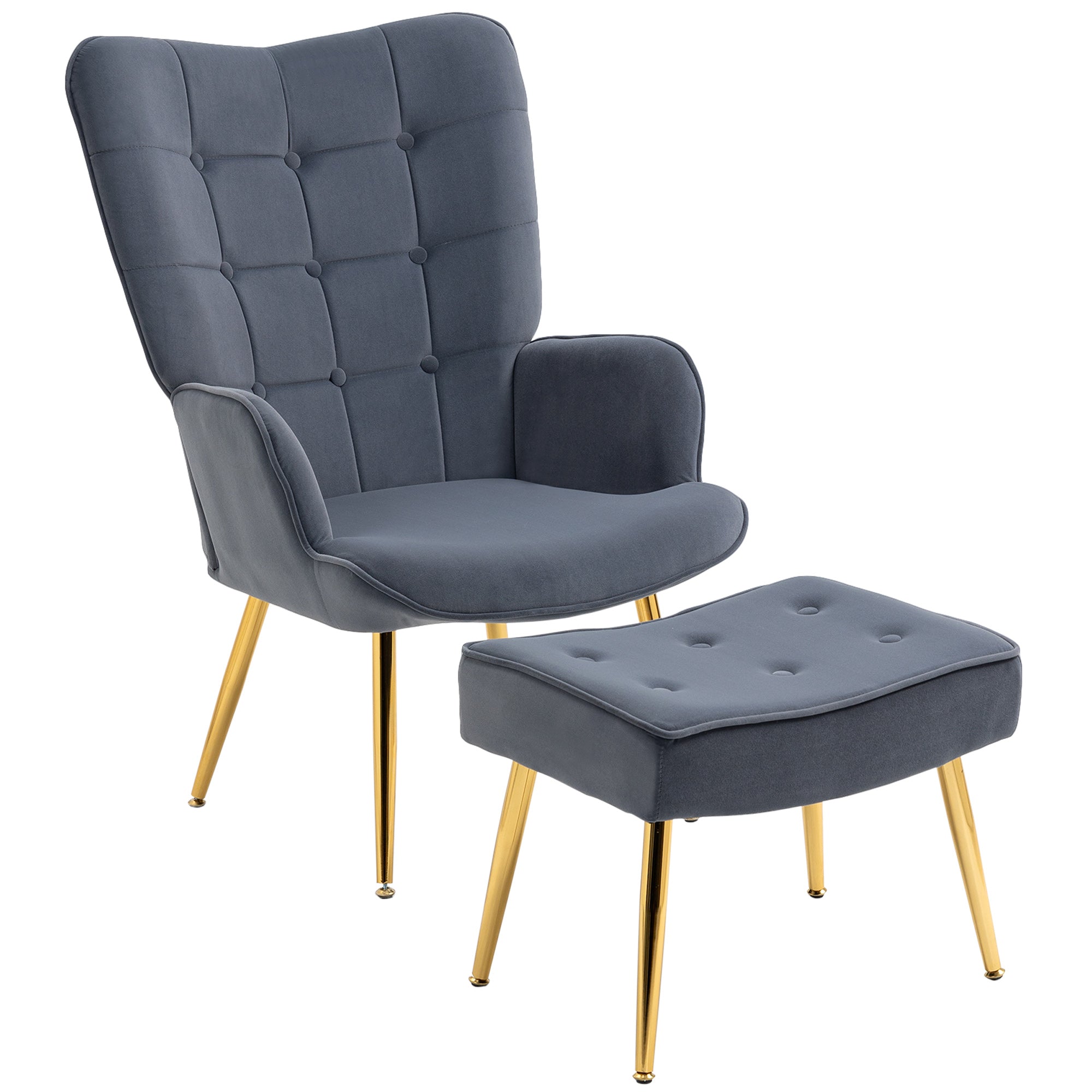 Fauteuil avec repose-pied, fauteuil salon capitonné avec dossier haut, pieds en acier doré et tissu velours, pour salon, chambre à coucher, gris foncé