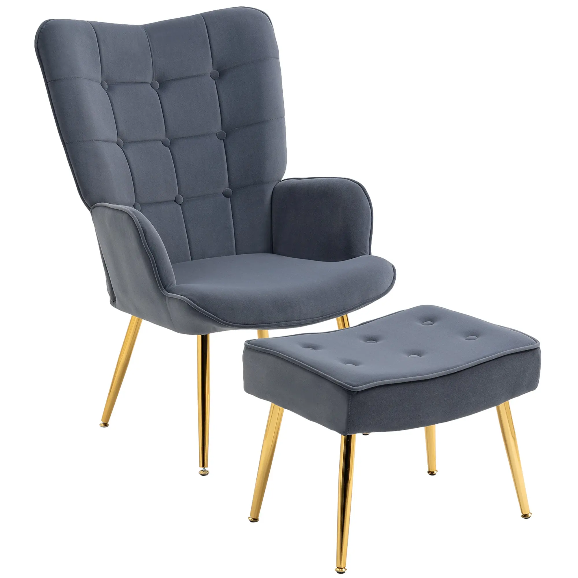 Fauteuil avec repose-pied, fauteuil salon capitonné avec dossier haut, pieds en acier doré et tissu velours, pour salon, chambre à coucher, gris foncé