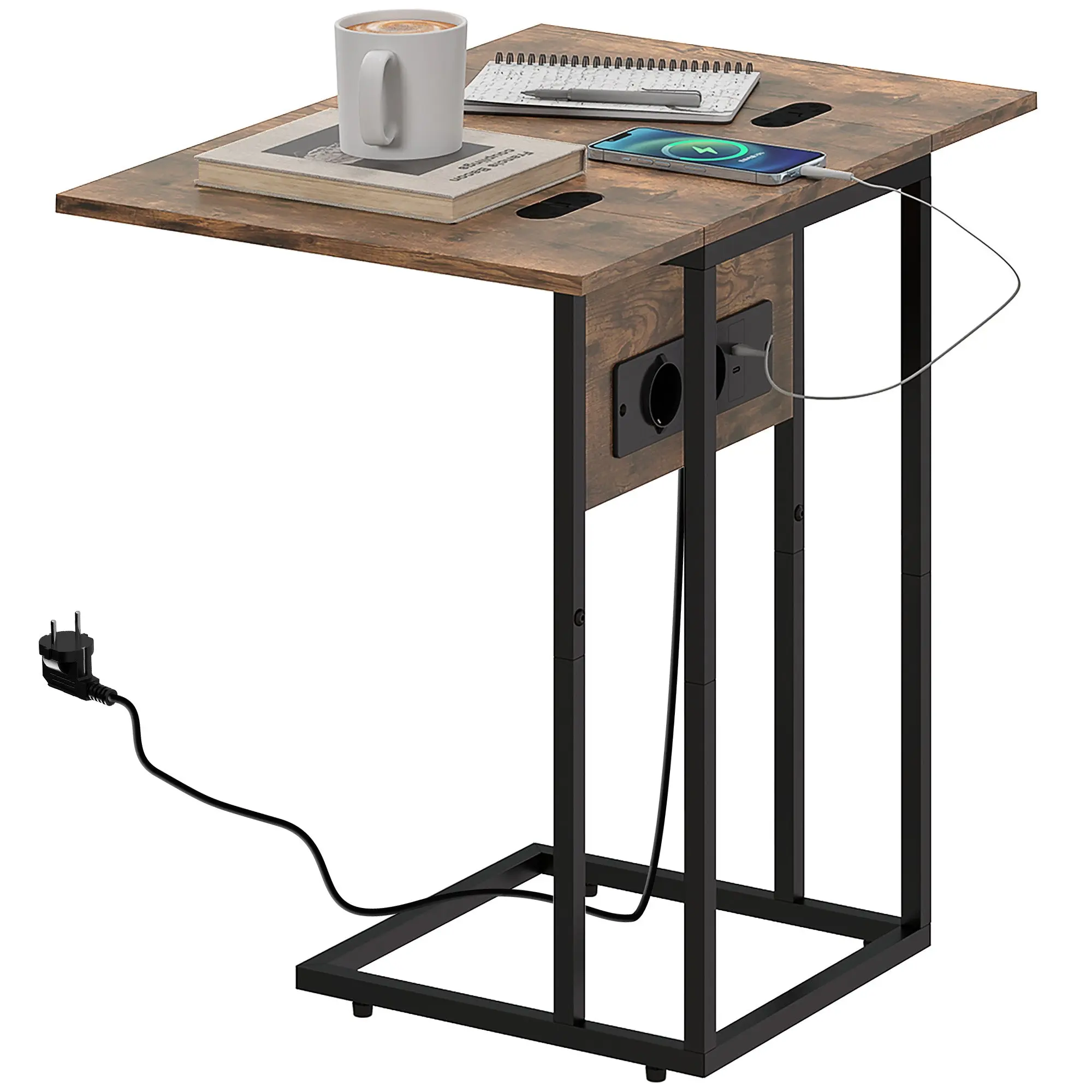 Table d'appoint avec station de charge, bout de canapé avec plateau pliable, cadre en métal, table basse pour salon, chambre, 39 x 29 x 57 cm, brun rustique et noir