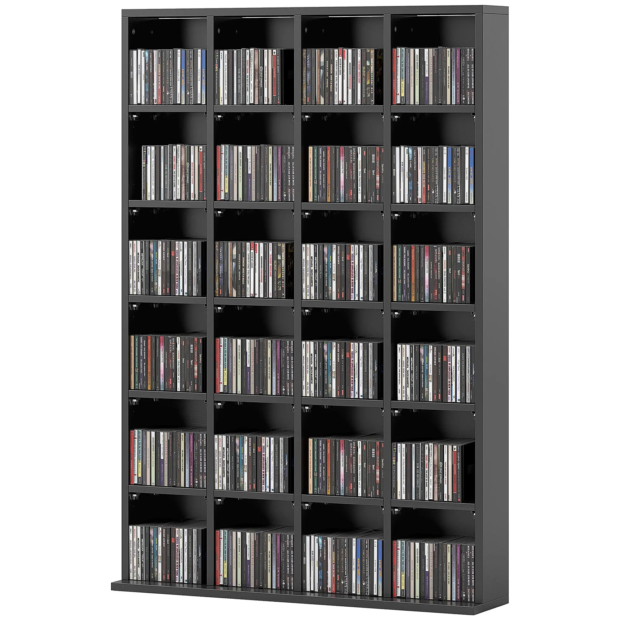 Rangements pour CD et DVD, meuble de rangement multimédia avec 24 compartiments, capacité max. 456 CD/ 336 DVD, bibliothèque en bois avec étagères réglables, 89 x 20 x 130,5 cm, noir