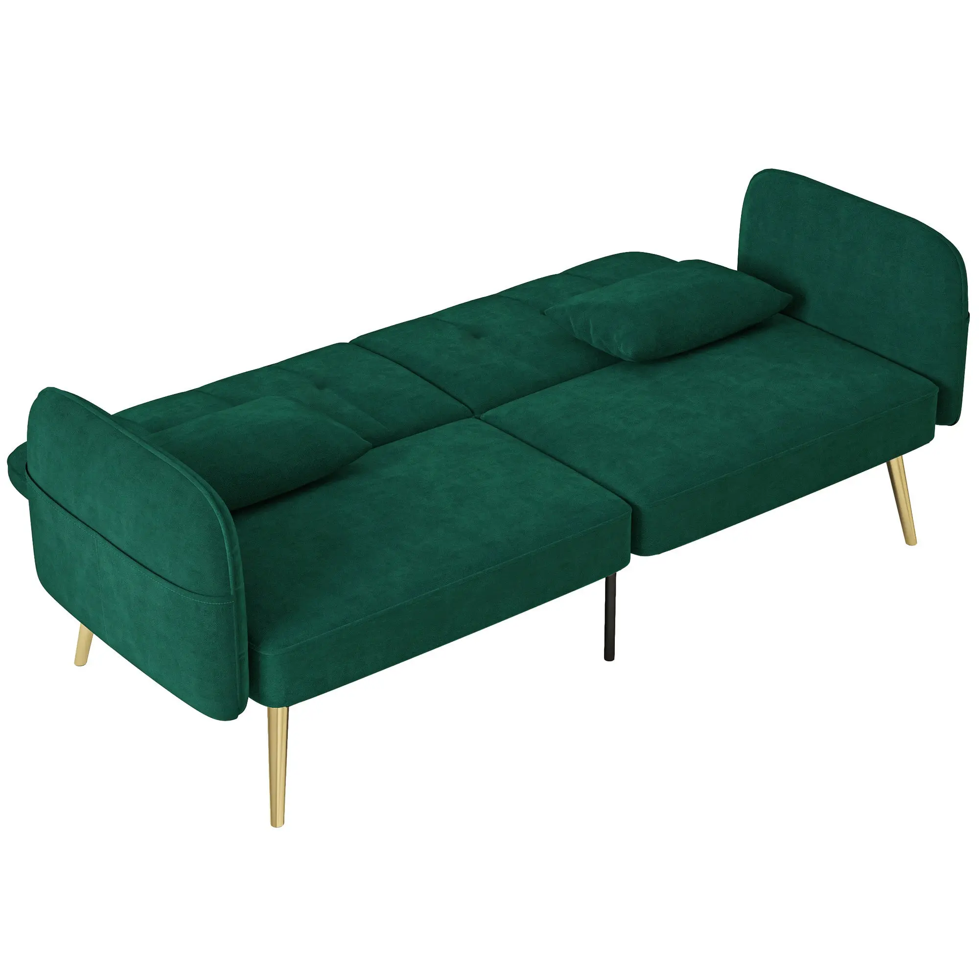 Canapé convertible 2 places canapé-lit canapé clic-clac en tissu velours avec dossier réglable et coussins pour salon, chambre d'amis, vert foncé