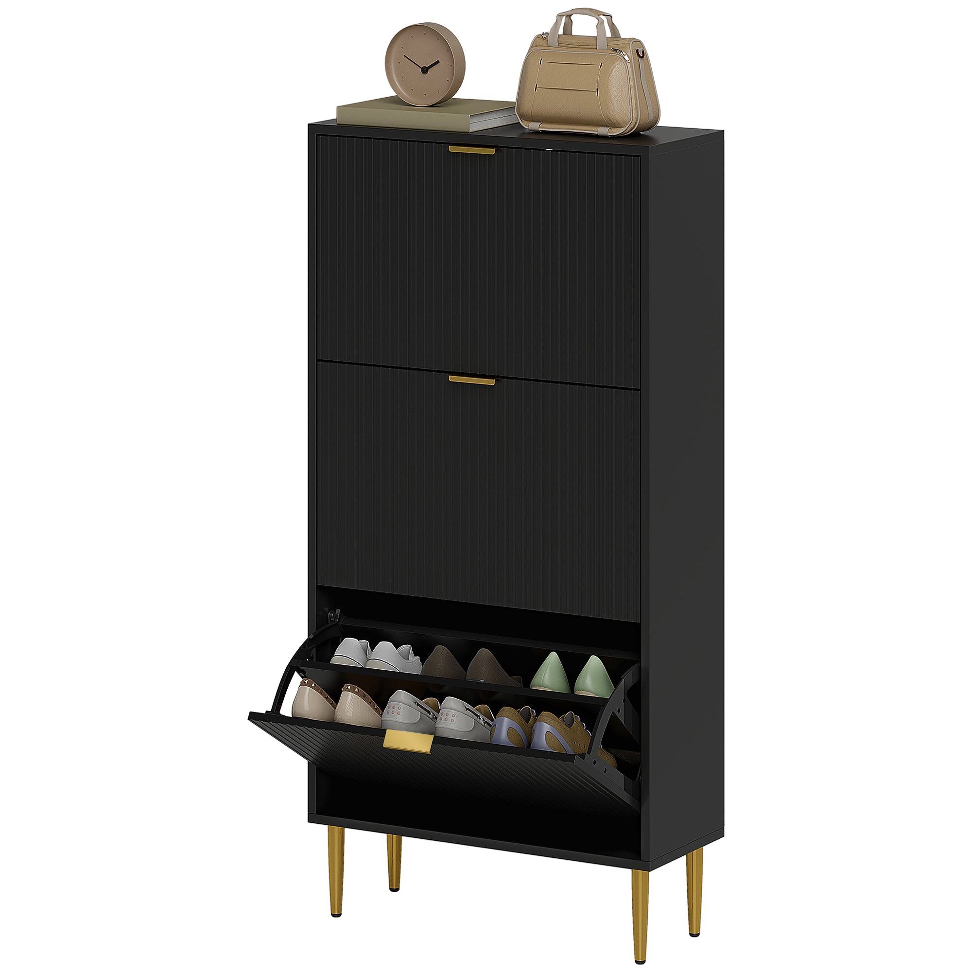 Meuble à chaussures 18 paires, armoire à chaussures étroite moderne avec 3 tiroirs rabattables, portes cannelées et étagères réglables, pour couloir et entrée, 60 x 24 x 122,5 cm, noir