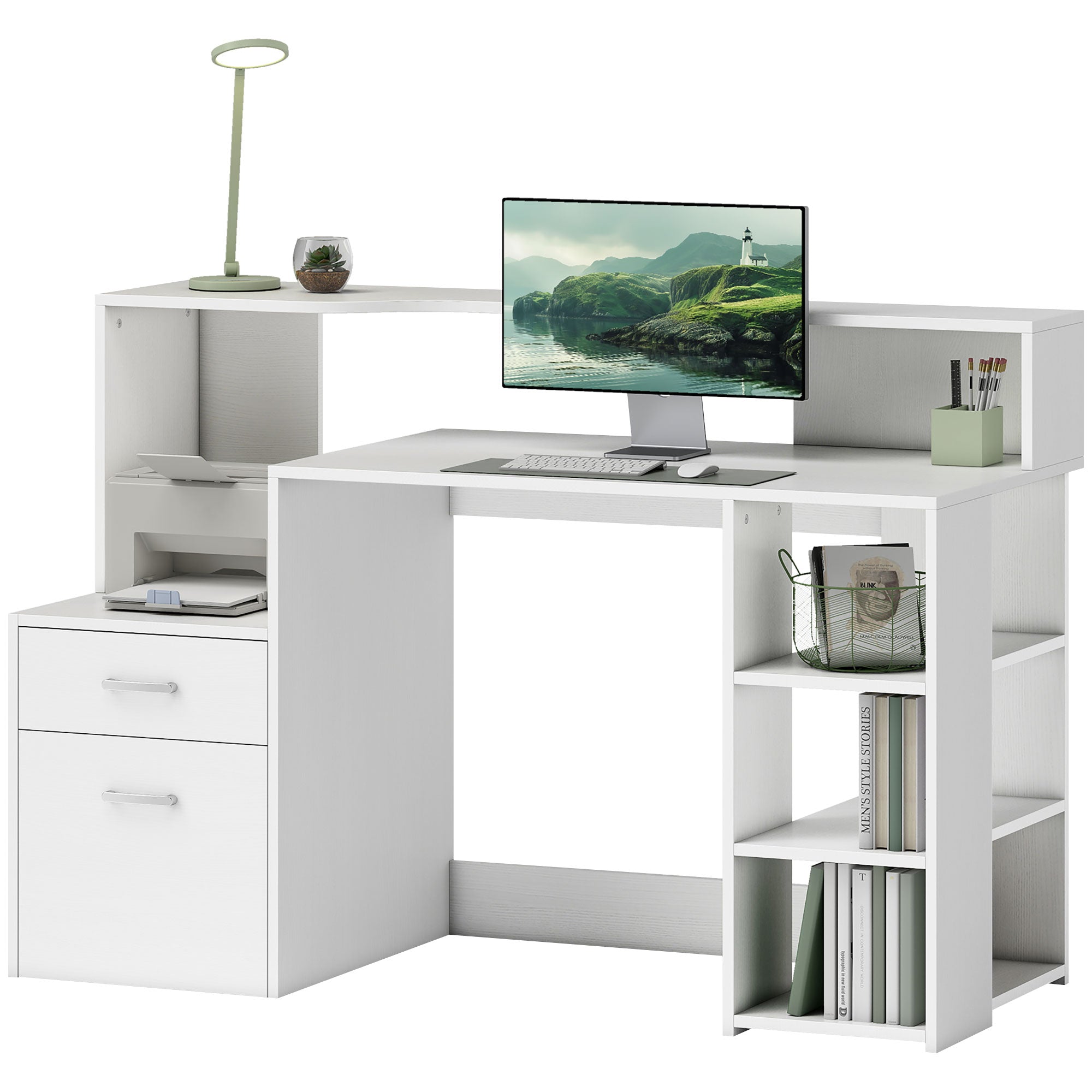 Ordinateur de bureau 2 tiroirs étagères ouvertes compact pour bureau blanc