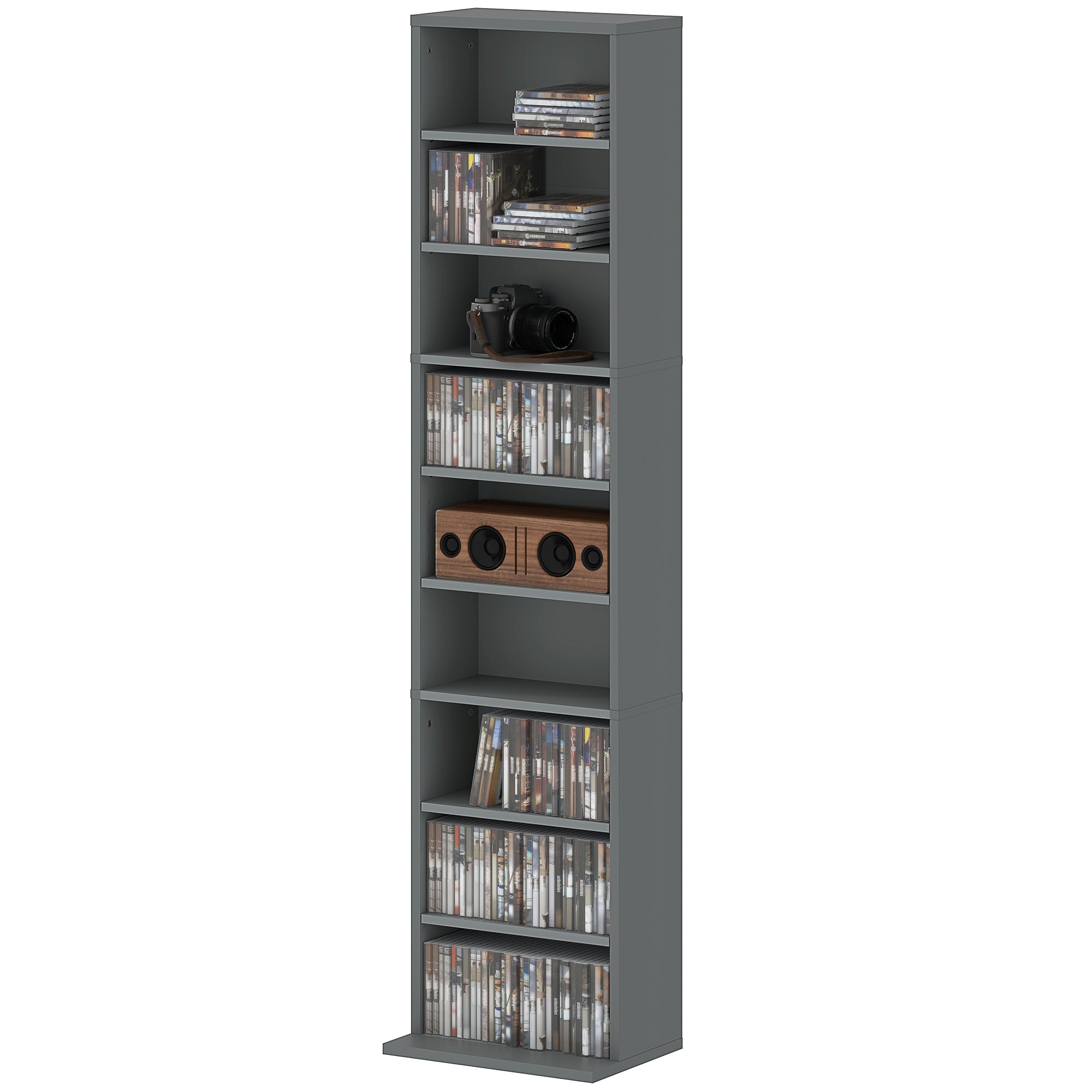 Rangements pour CD et DVD, meuble de rangement multimédia, capacité max. 260 CD/120 DVD, 9 compartiments et 6 étagères réglables, pour salon, chambre, bureau, 33 x 24 x 140 cm, gris
