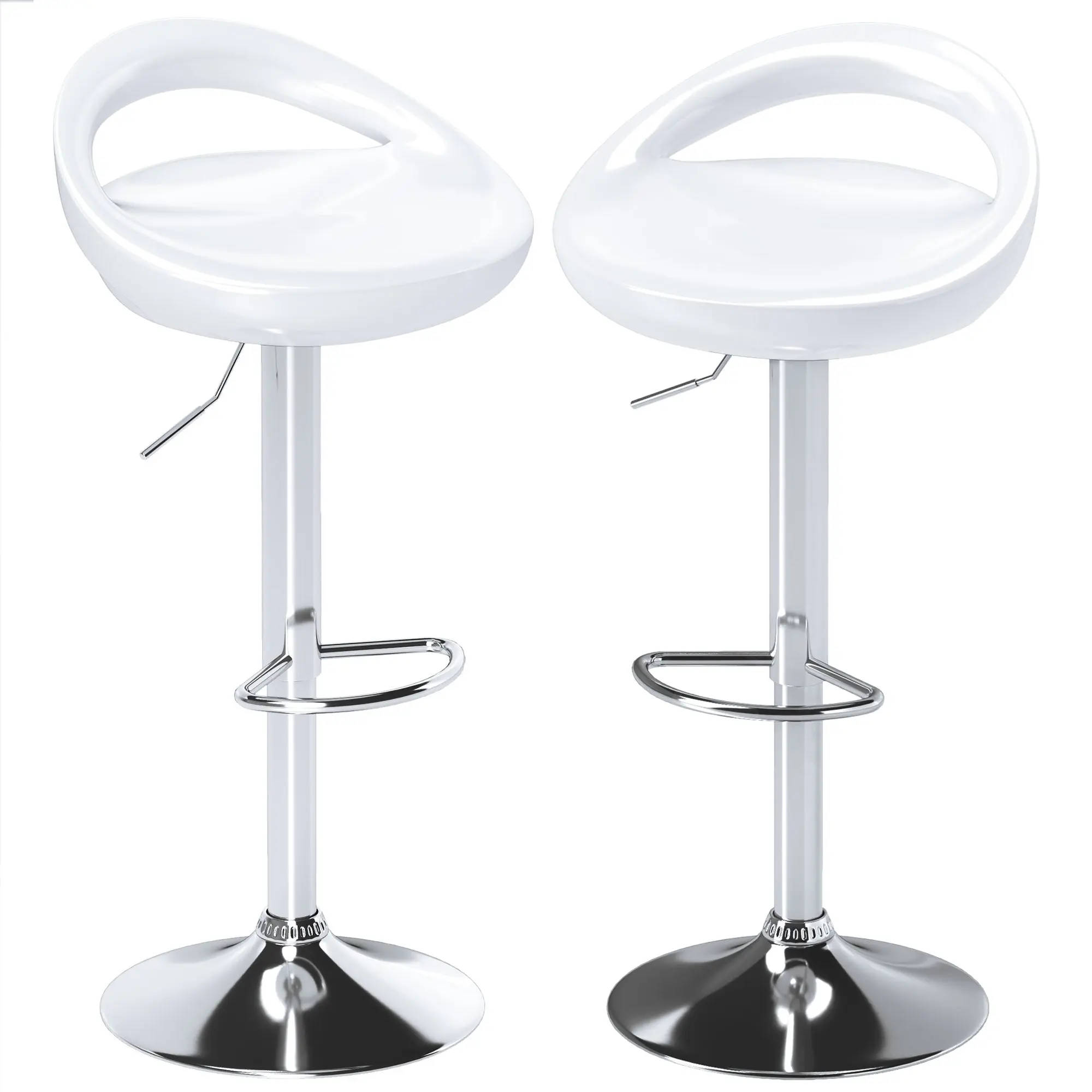 Lot de 2 tabourets de bar, chaises de bar réglable en hauteur, chaise haute cuisine avec dossier et repose-pieds, pivotant à 360°, ABS et métal, pour salle à manger, comptoir, blanc