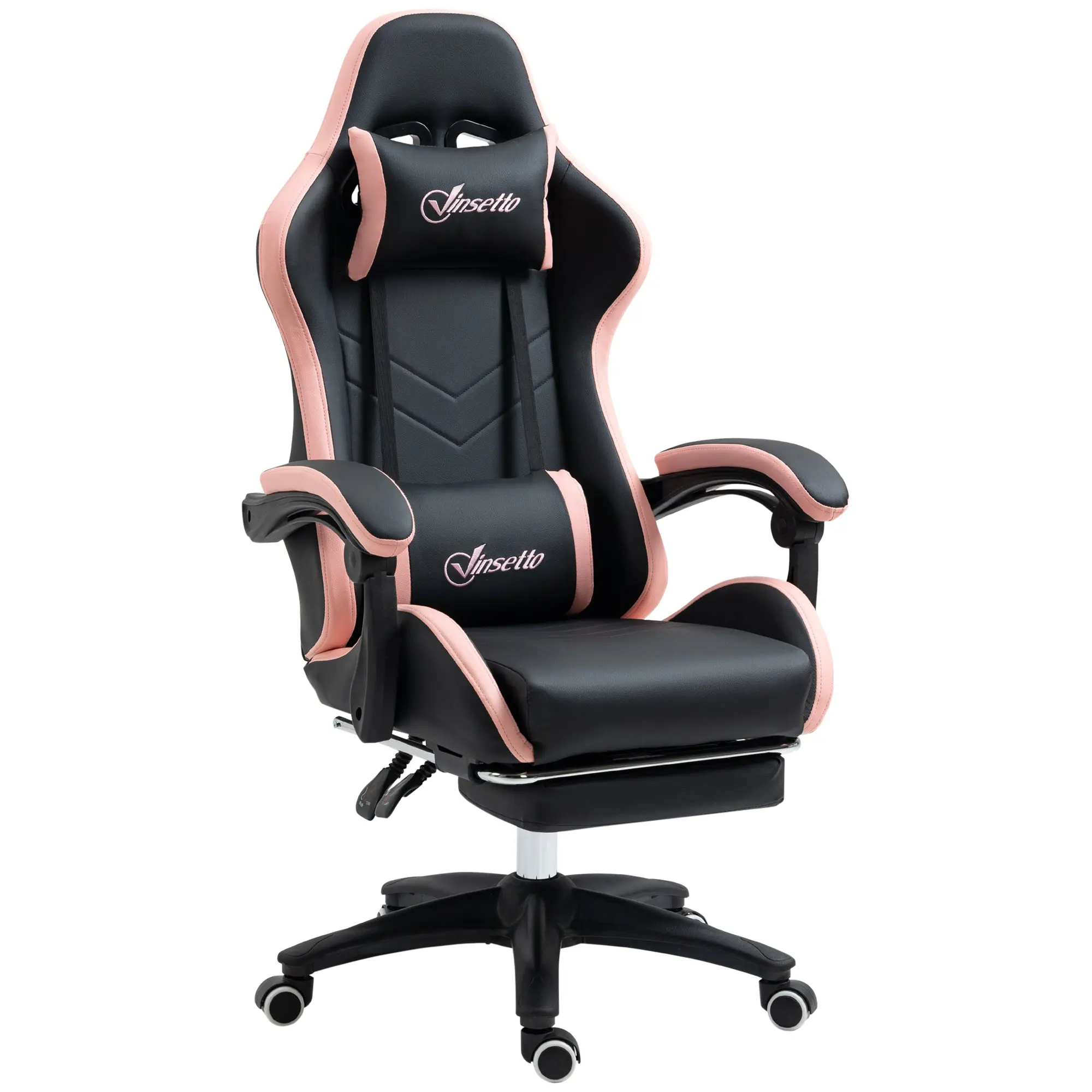Chaise gaming fauteuil gaming ergonomique repose-pieds télescopique, dossier inclinable à 135°, appui-tête réglable et soutien lombaire, fauteuil de bureau 360° rotatif en similicuir, rose