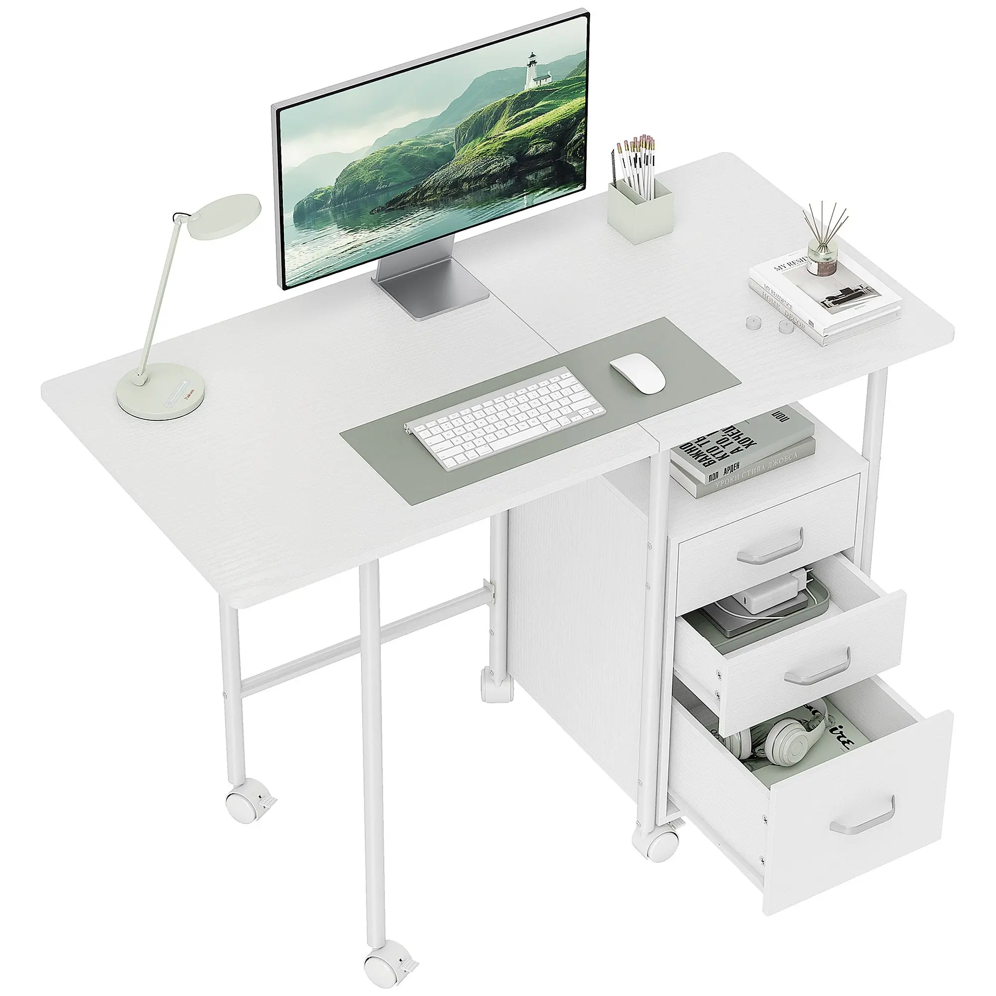 Bureau pliable sur roulettes avec 3 tiroirs, bureau d'ordinateur, plateau extensible, cadre en acier, 105x51x75,5cm, pour télétravail, chambre, salle d'étude, style moderne, blanc