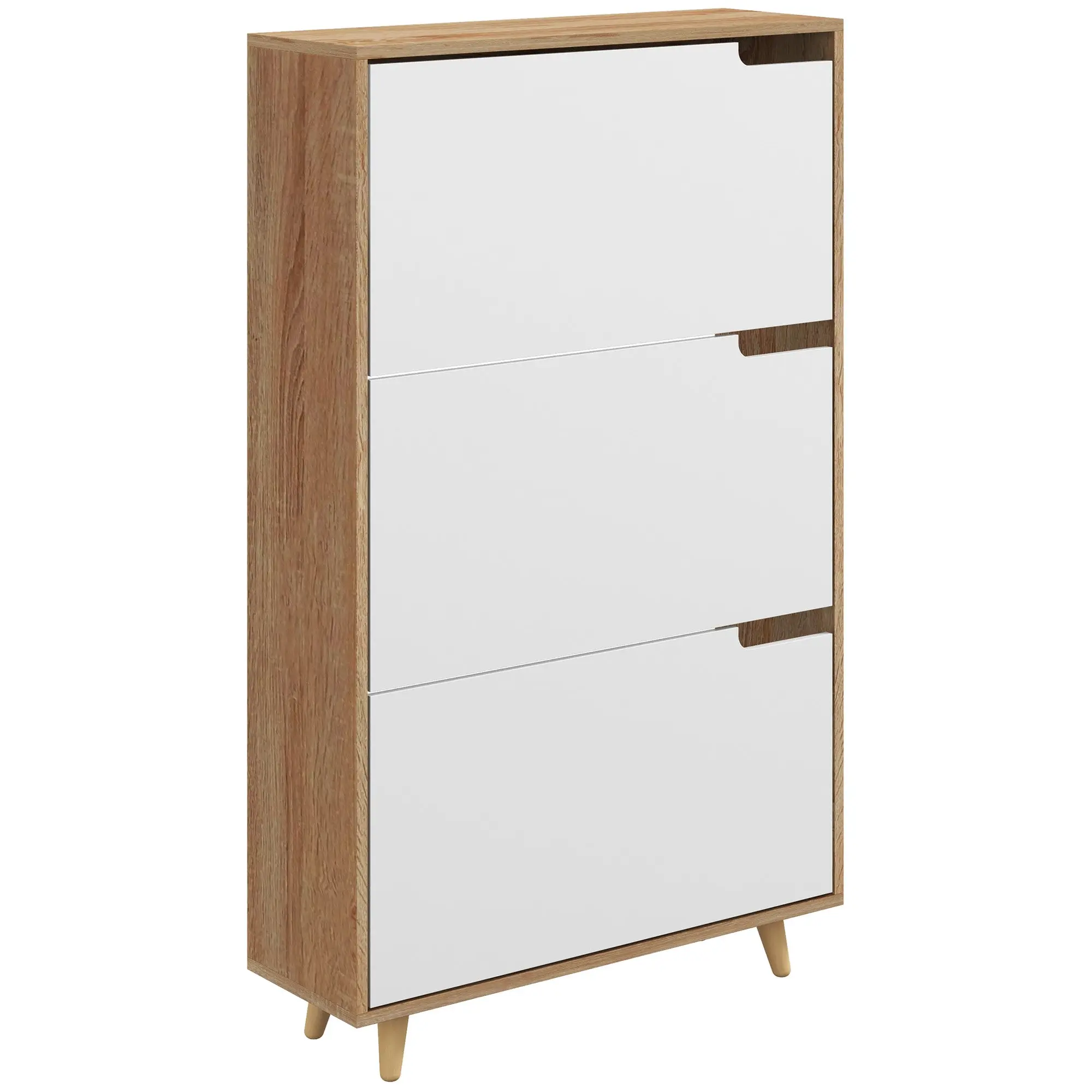 Meuble à chaussures 3 abattants, armoire à chaussures, avec étagère réglable, 72L x 24l x 119H cm, naturel et blanc
