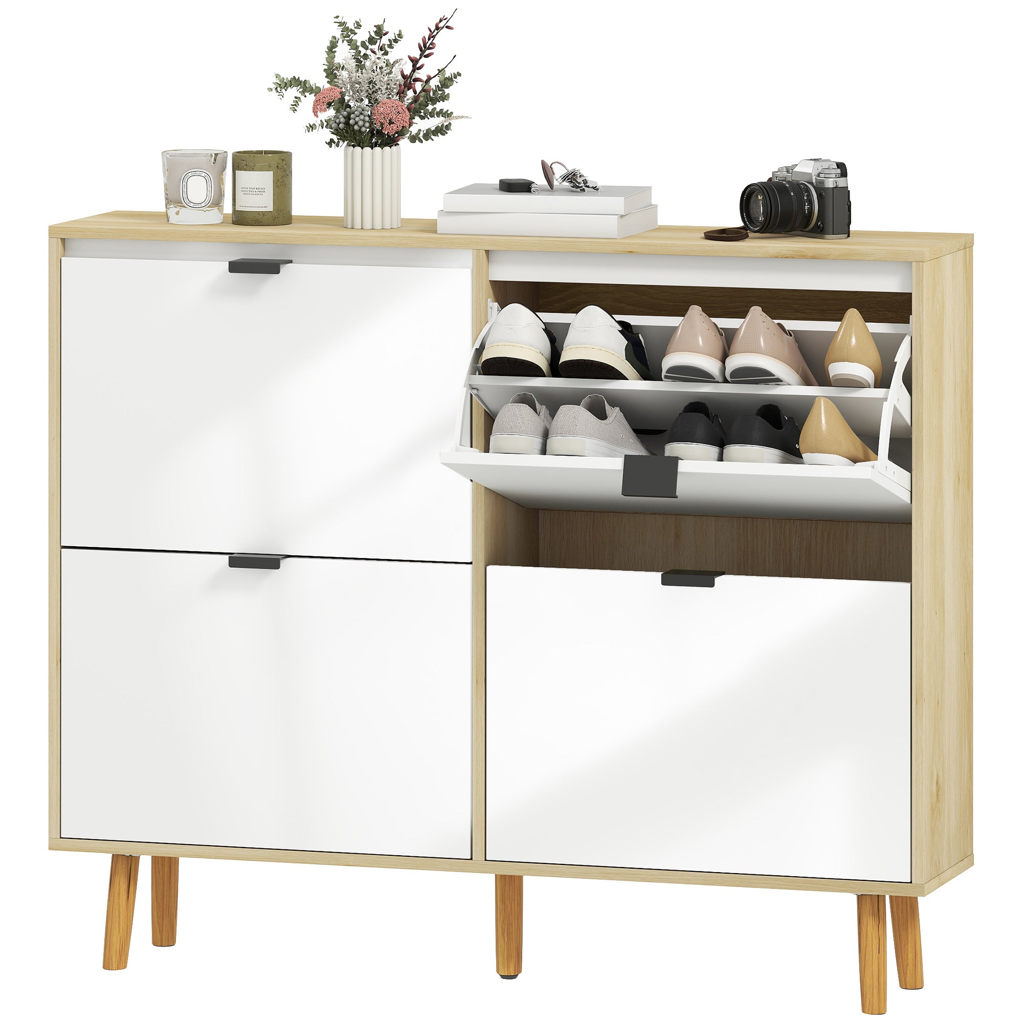 Meuble à chaussures 20 paires, porte haute brillante, armoire à chaussures étroite avec 4 tiroirs rabattables et étagères réglables, style moderne, pour couloir, entrée, 105x24x92,5cm, blanc