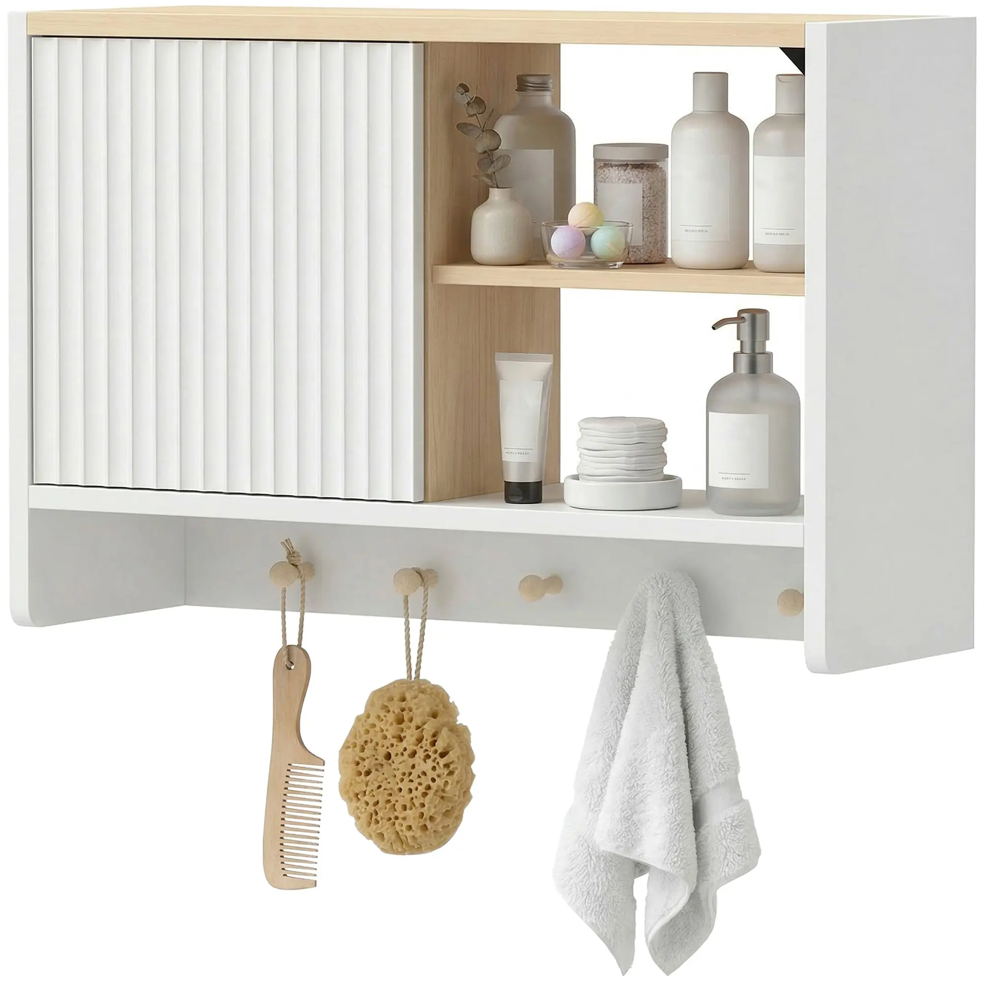 Armoire murale de salle de bain, meuble de rangement suspendu pour salle de bains avec porte, étagères ouvertes et 5 crochets, meuble WC suspendu, 60 x 20 x 40 cm, blanc et chêne
