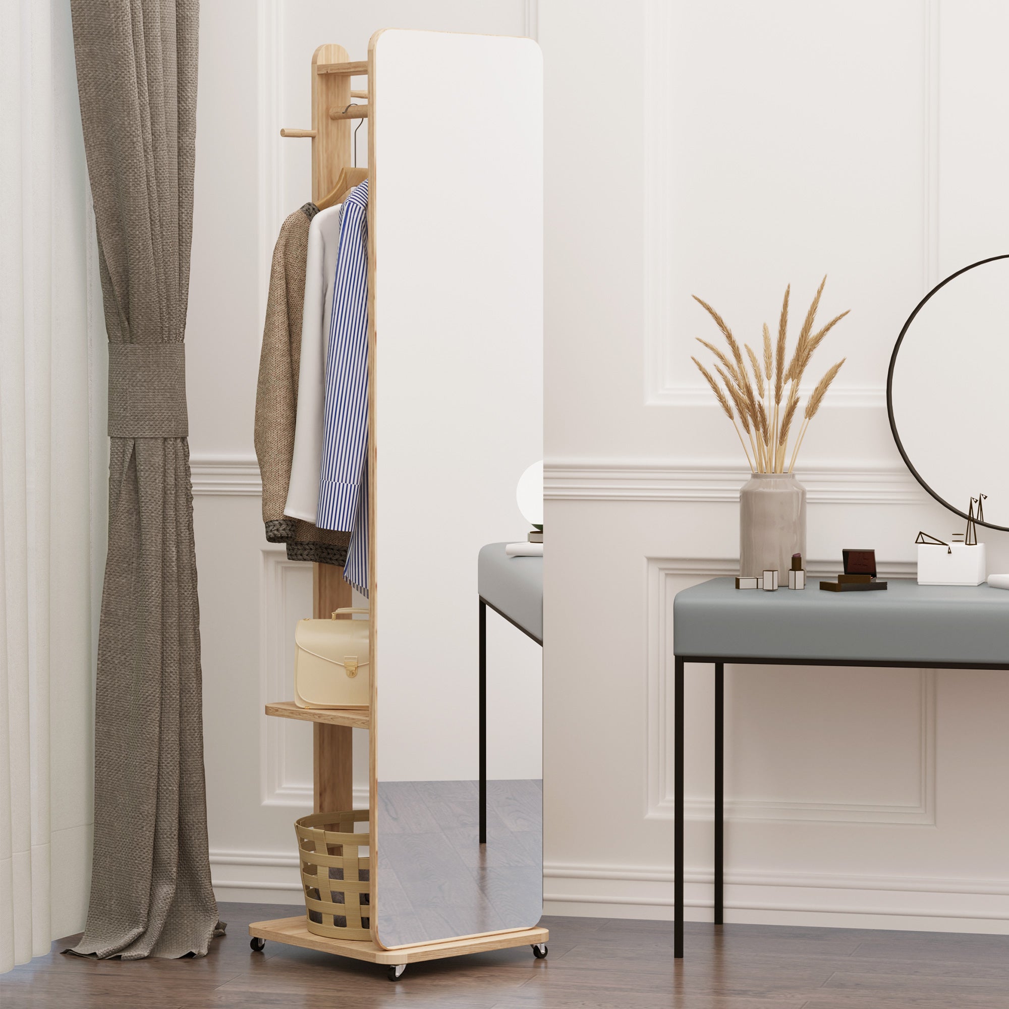 Miroir sur Pied avec roulettes - Portant, 4 patères étagère MDF Aspect Bois Clair