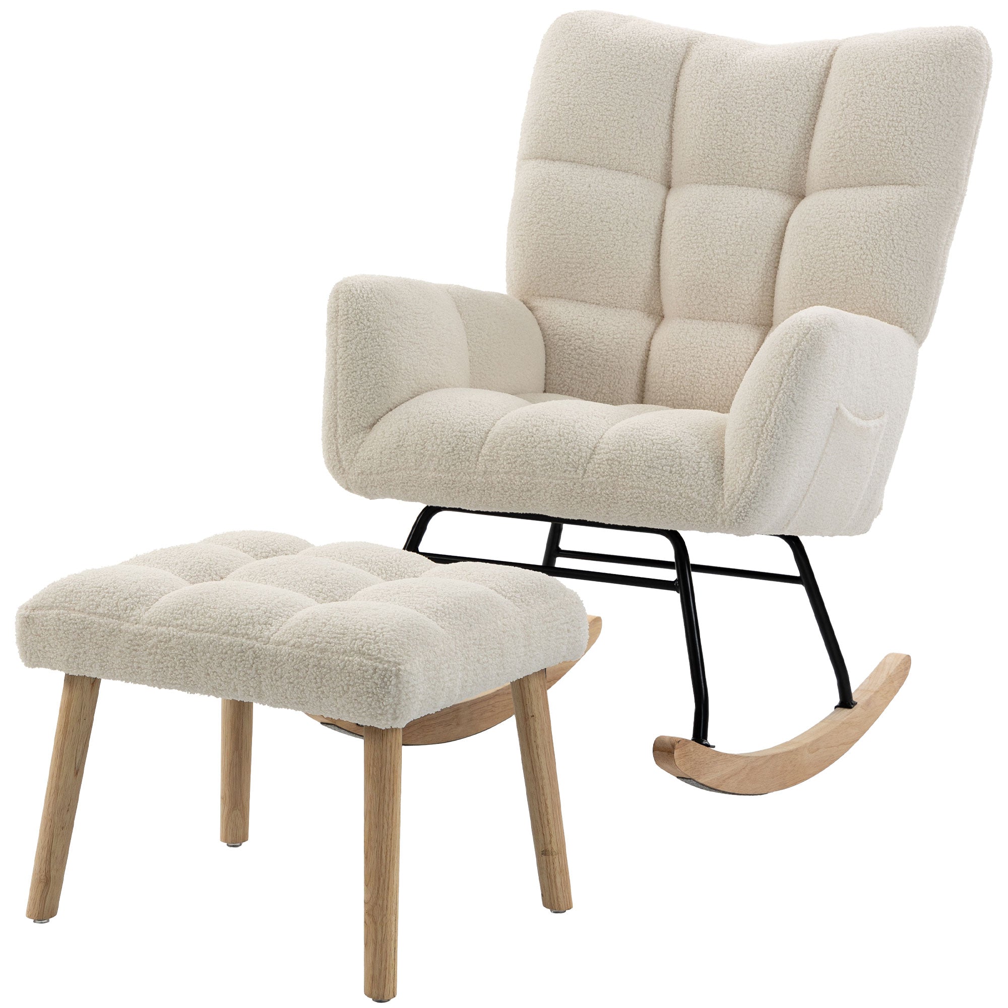 Fauteuil à Bascule avec Repose-Pieds, Rocking Chair en Tissu Bouclette, Assise Rembourrée, Dossier Large et Haut, Coussin Épais, Accoudoirs, Chaise Bascule Capitonnée pour Salon Chambre, Crème