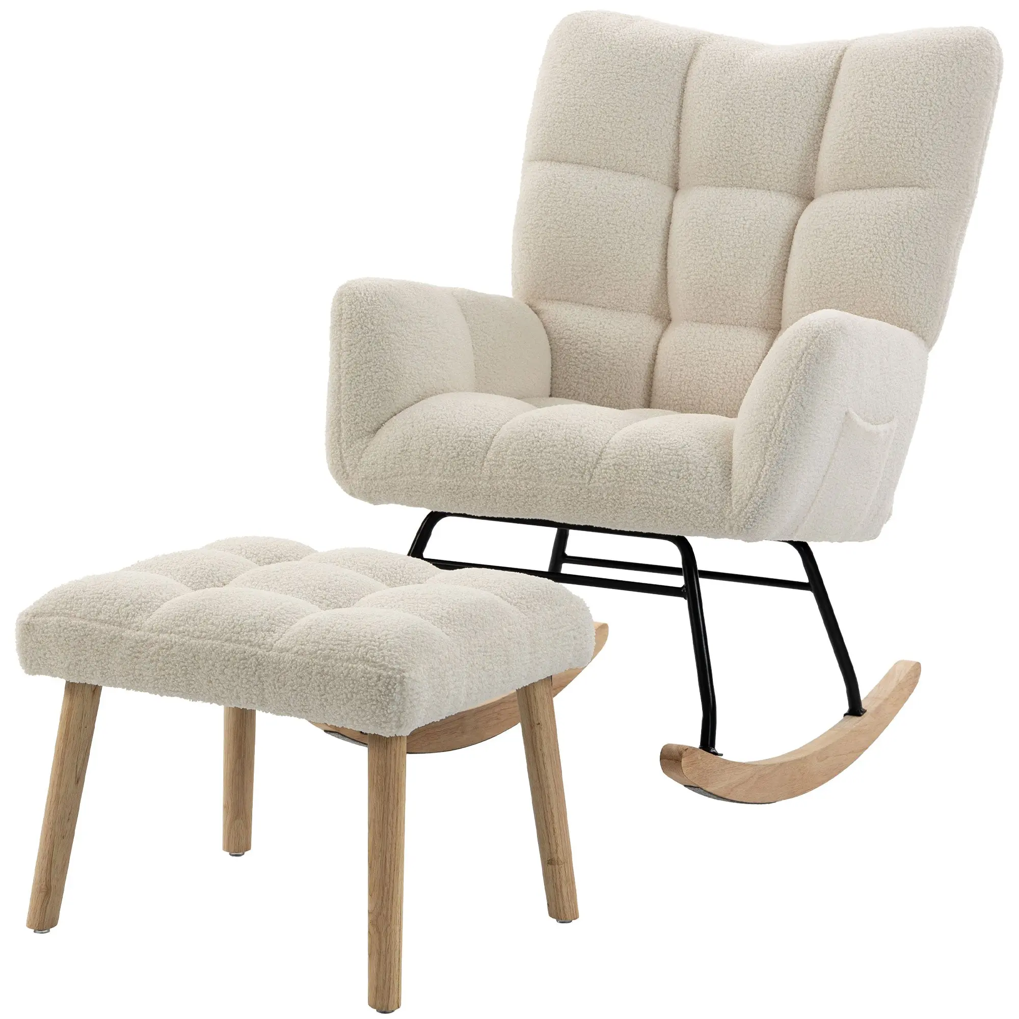 Fauteuil à Bascule avec Repose-Pieds, Rocking Chair en Tissu Bouclette, Assise Rembourrée, Dossier Large et Haut, Coussin Épais, Accoudoirs, Chaise Bascule Capitonnée pour Salon Chambre, Crème