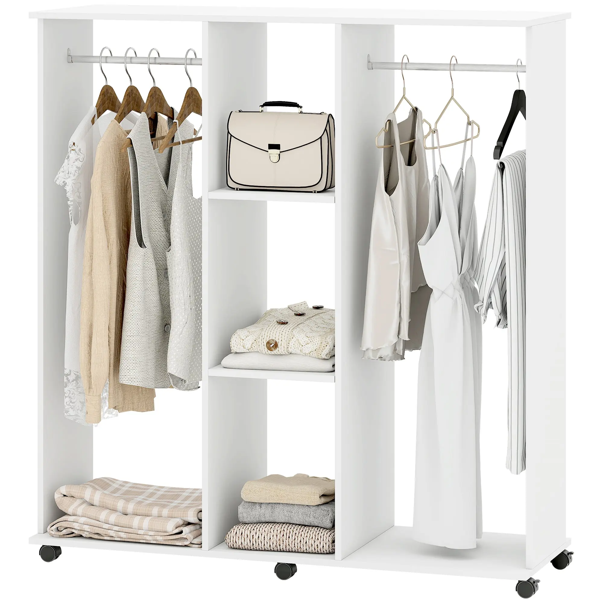 Armoire penderie Meuble de Rangement Mobile 6 roulettes 120L x 40l x 128H cm en bois Blanc