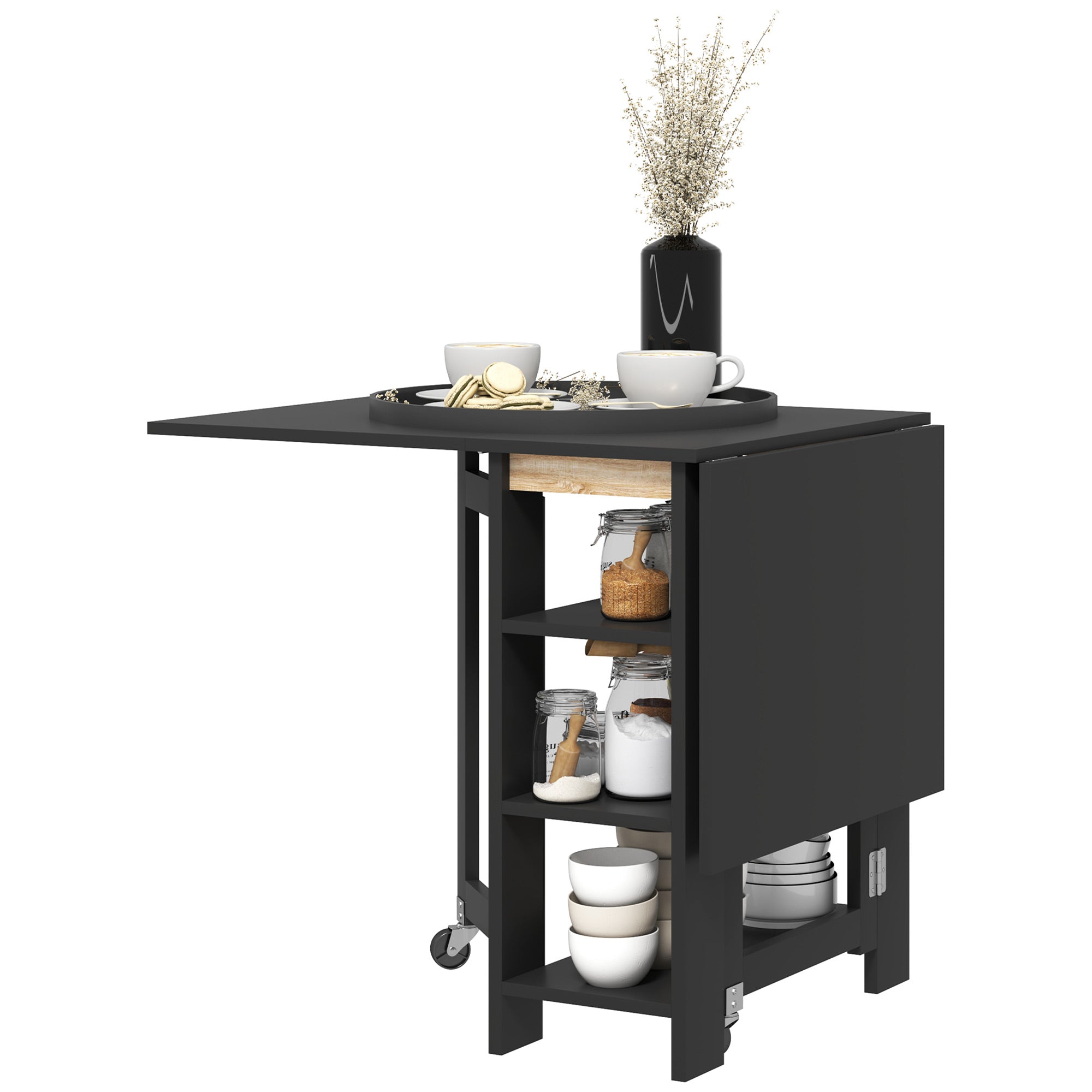 Table à manger pliable, table pliante cuisine, sur roulettes, avec 2 abattants et 3 étagères, design moderne, table de cuisine pour petits espaces, 120 x 60 x 75 cm, noir