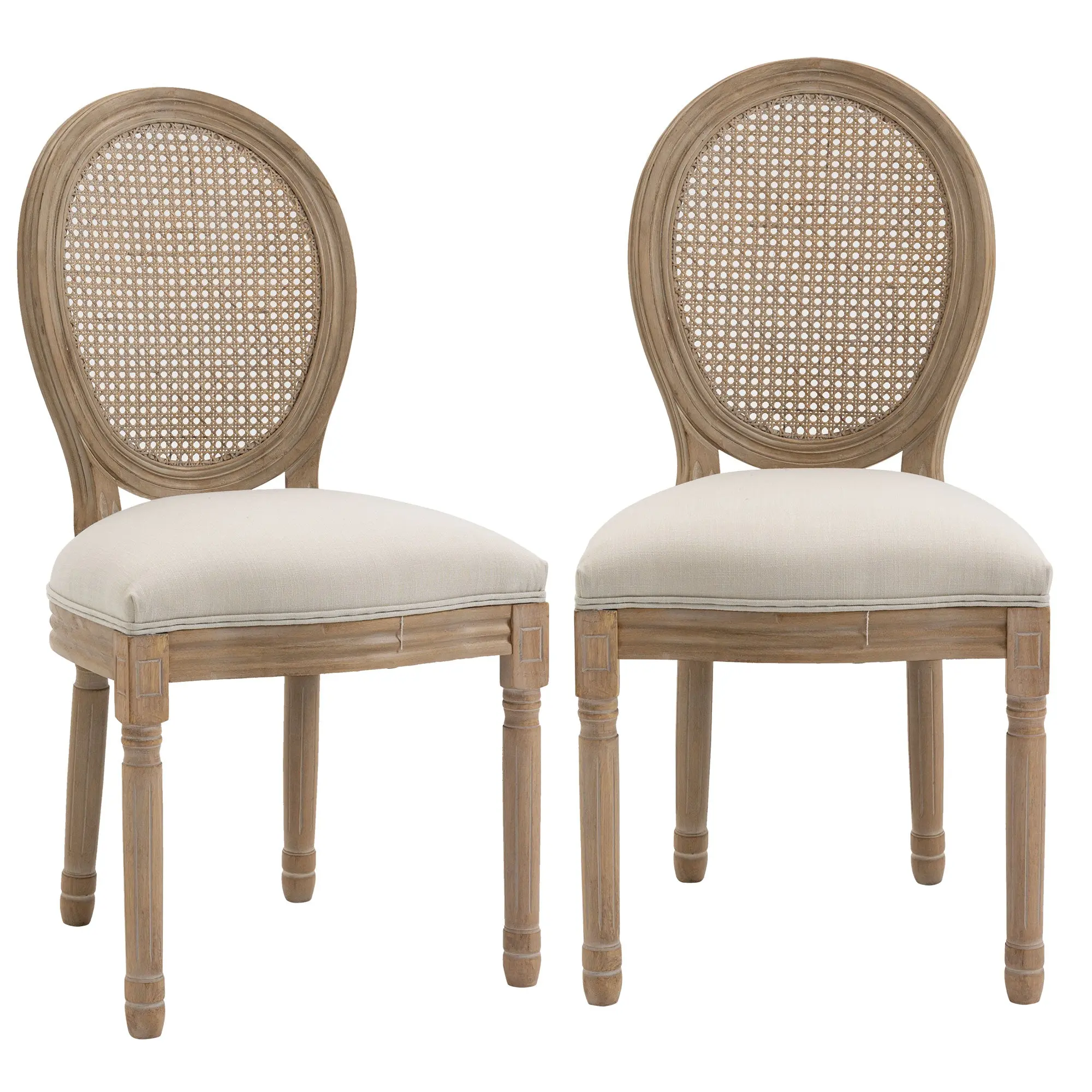Lot de 2 chaises de Salle à Manger - Chaise de Salon médaillon Style Louis XVI - Bois Massif sculpté, patiné - Dossier cannage - Aspect Lin Crème