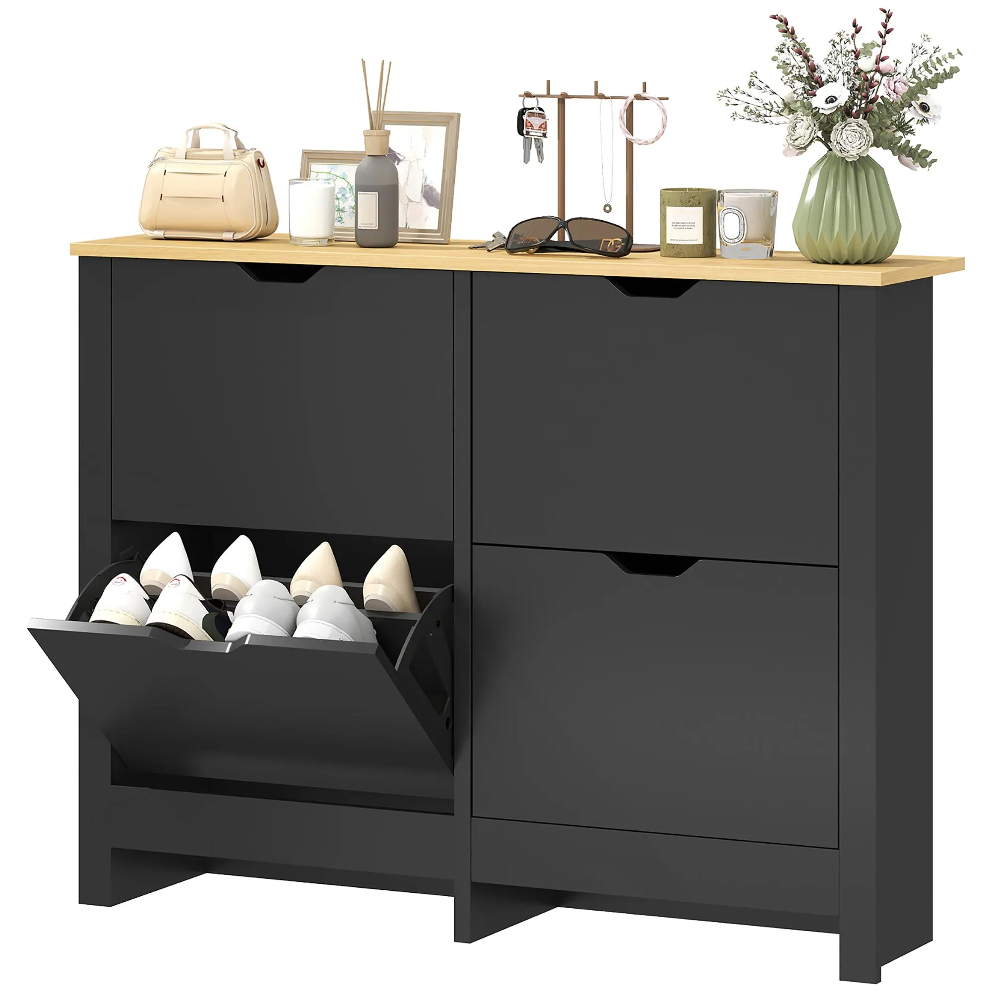 Meuble à chaussures 16 paires, armoire à chaussures étroite avec 4 tiroirs rabattables et étagères réglables, style moderne, pour couloir, entrée, 105 x 26 x 80 cm, noir et bois naturel