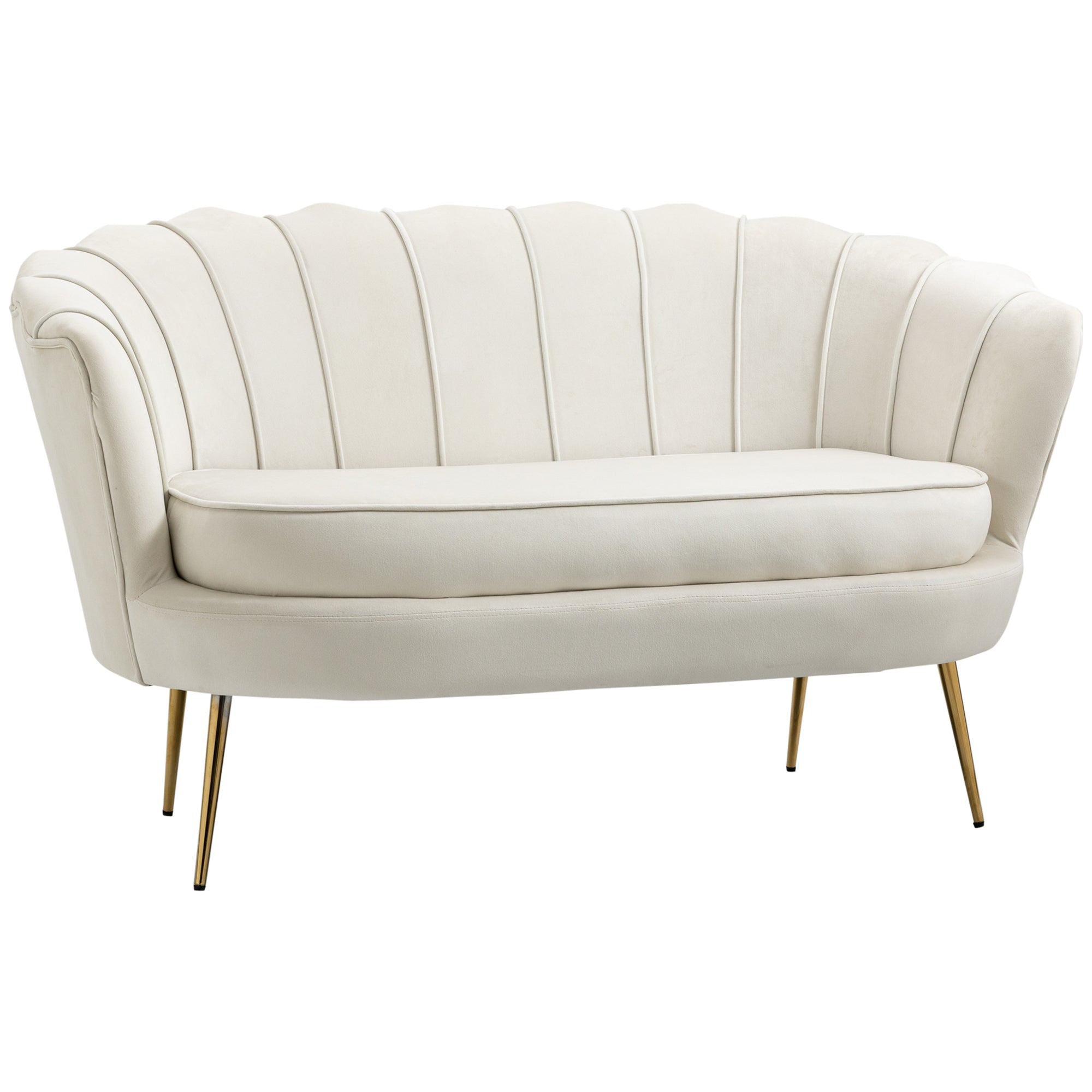 Canapé 2 places en tissu velours, petit canapé, en forme de coquillage, avec coussin épais de 10 cm, canapé, structure en métal, pieds dorés effilés, facile à assembler, crème