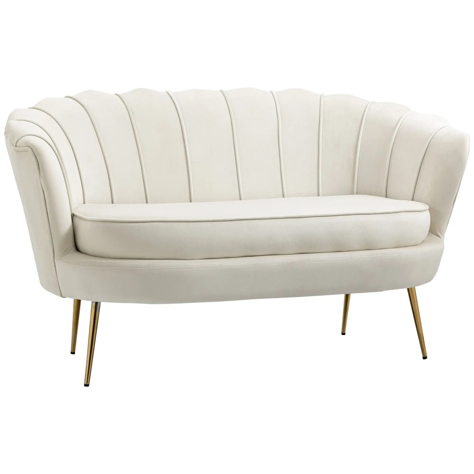 Canapé 2 places en tissu velours, petit canapé, en forme de coquillage, avec coussin épais de 10 cm, canapé, structure en métal, pieds dorés effilés, facile à assembler, crème