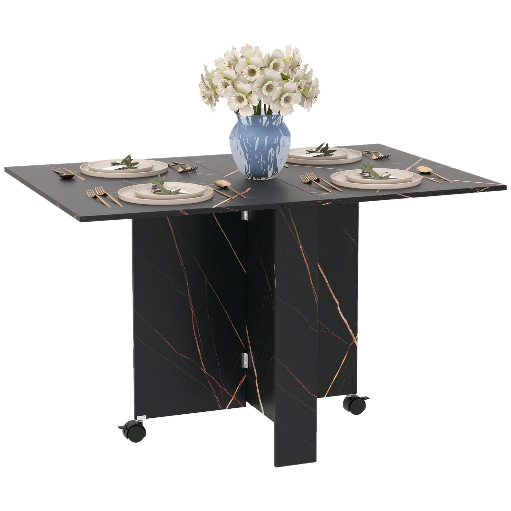 Table pliante cuisine, table à manger pliable, avec 2 abattants, 2 roues avec freins, pour 6 personnes, charge 20 kg, 120 x 80 x 73 cm, noir marbré imitation