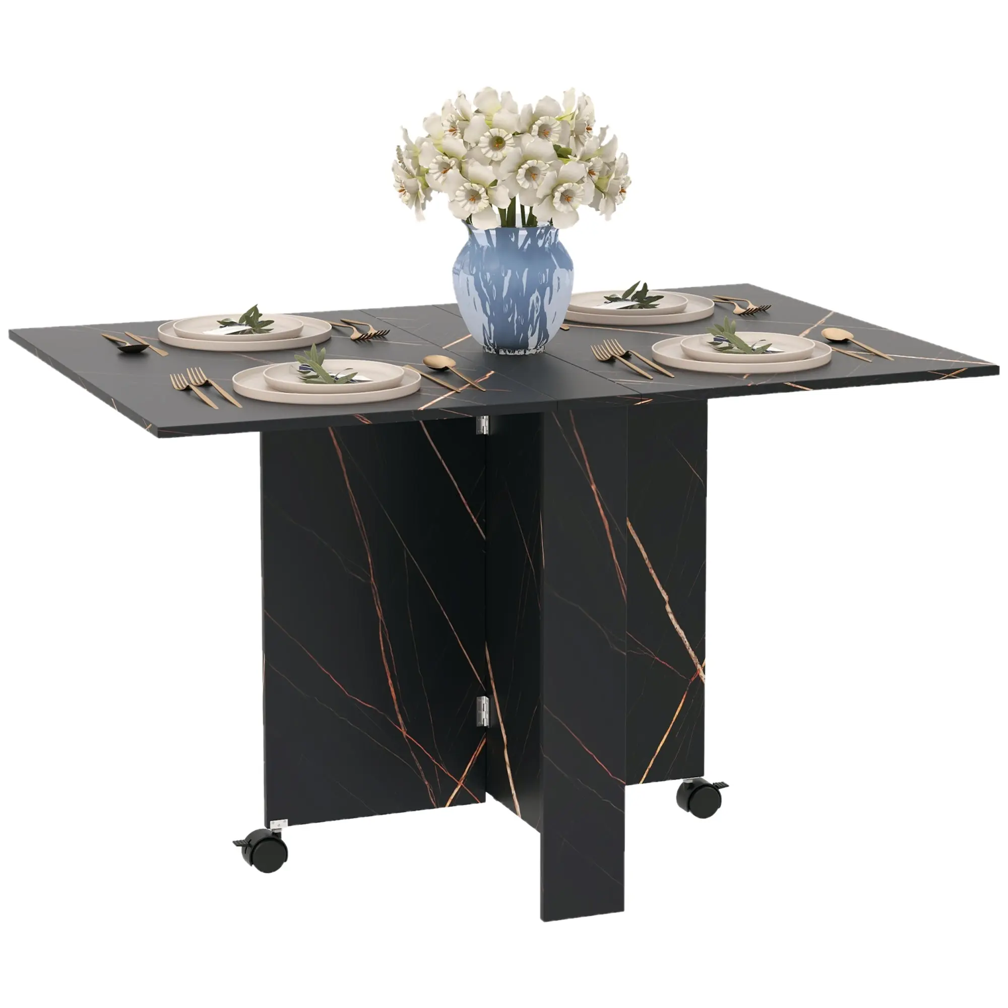 Table pliante cuisine, table à manger pliable, avec 2 abattants, 2 roues avec freins, pour 6 personnes, charge 20 kg, 120 x 80 x 73 cm, noir marbré imitation