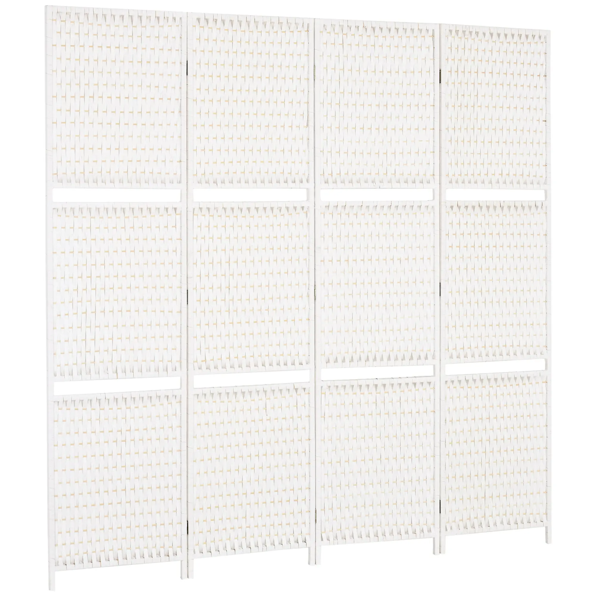 Paravent intérieur 4 panneaux 181L x 180H cm 2 étagères pliables séparateur de pièce bois de pin bambou fibres de papier tressée blanc paille