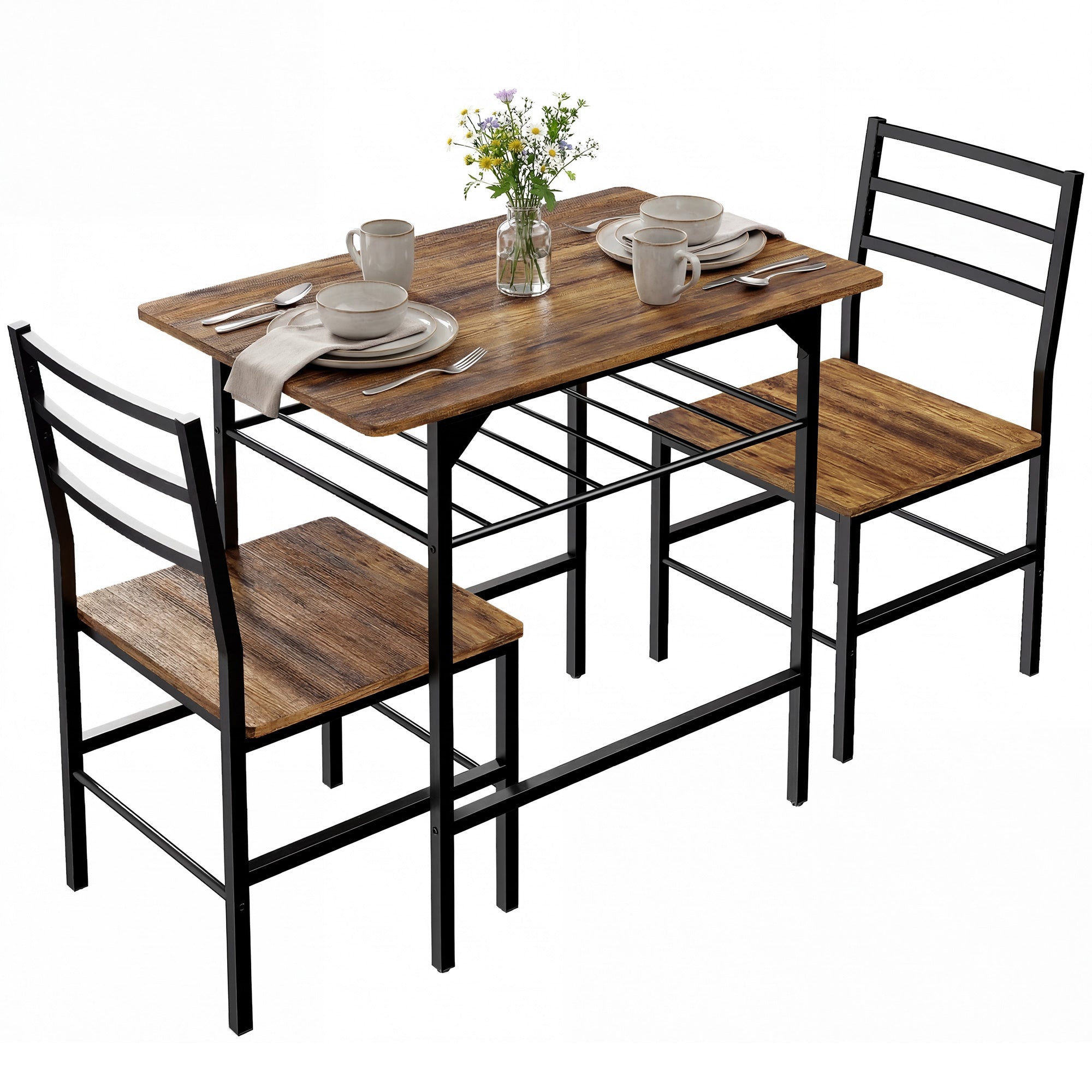 Ensemble table salle à manger avec 2 chaises, table de cuisine avec chaises pour 2 personnes, étagère de rangement, cadre en métal, style industriel, pour petit espace, brun rustique
