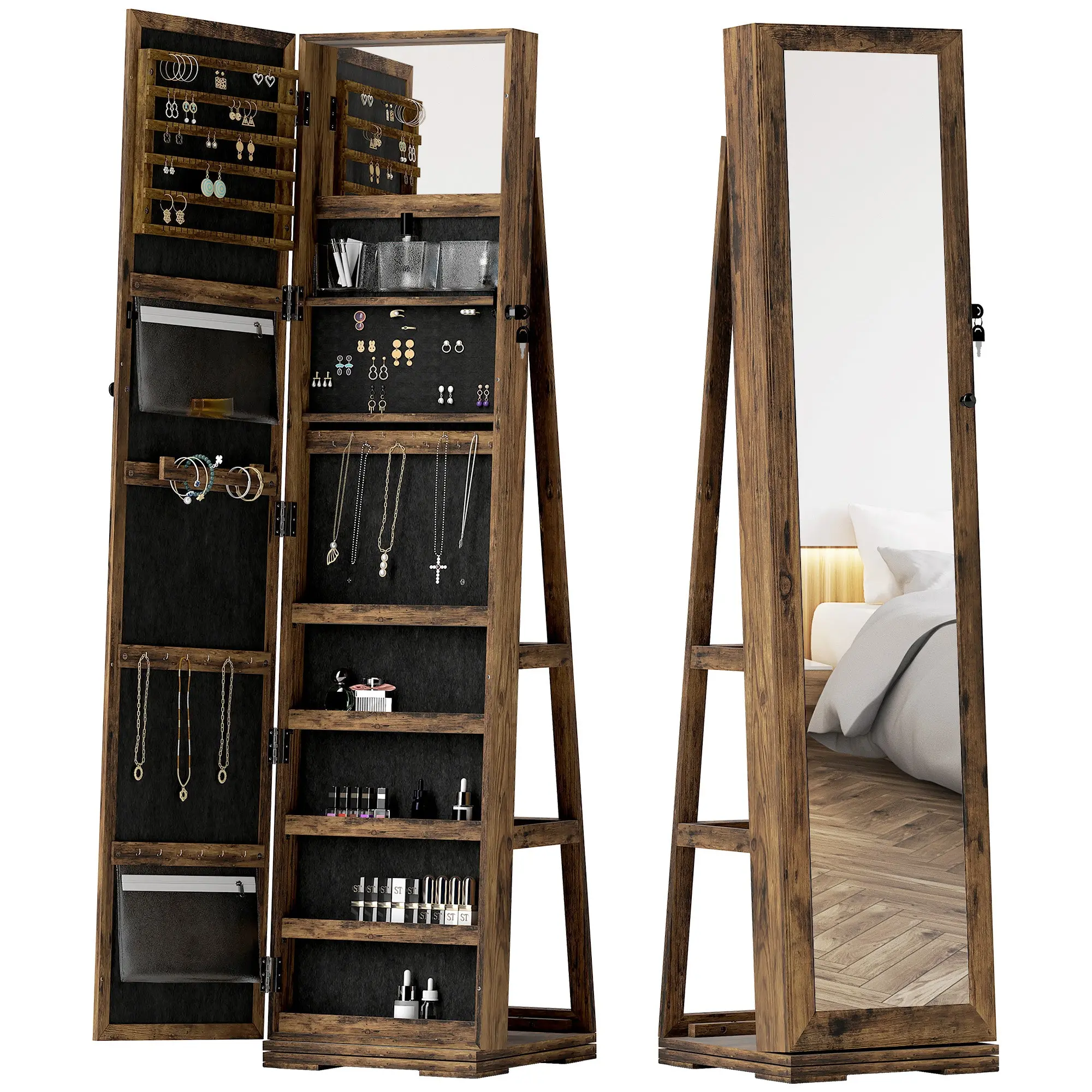 Armoire à Bijoux pivotante verrouillable boîte à bijoux avec Miroir - Armoire Bijoux Multi-Rangement - en Bois Brun Rustique