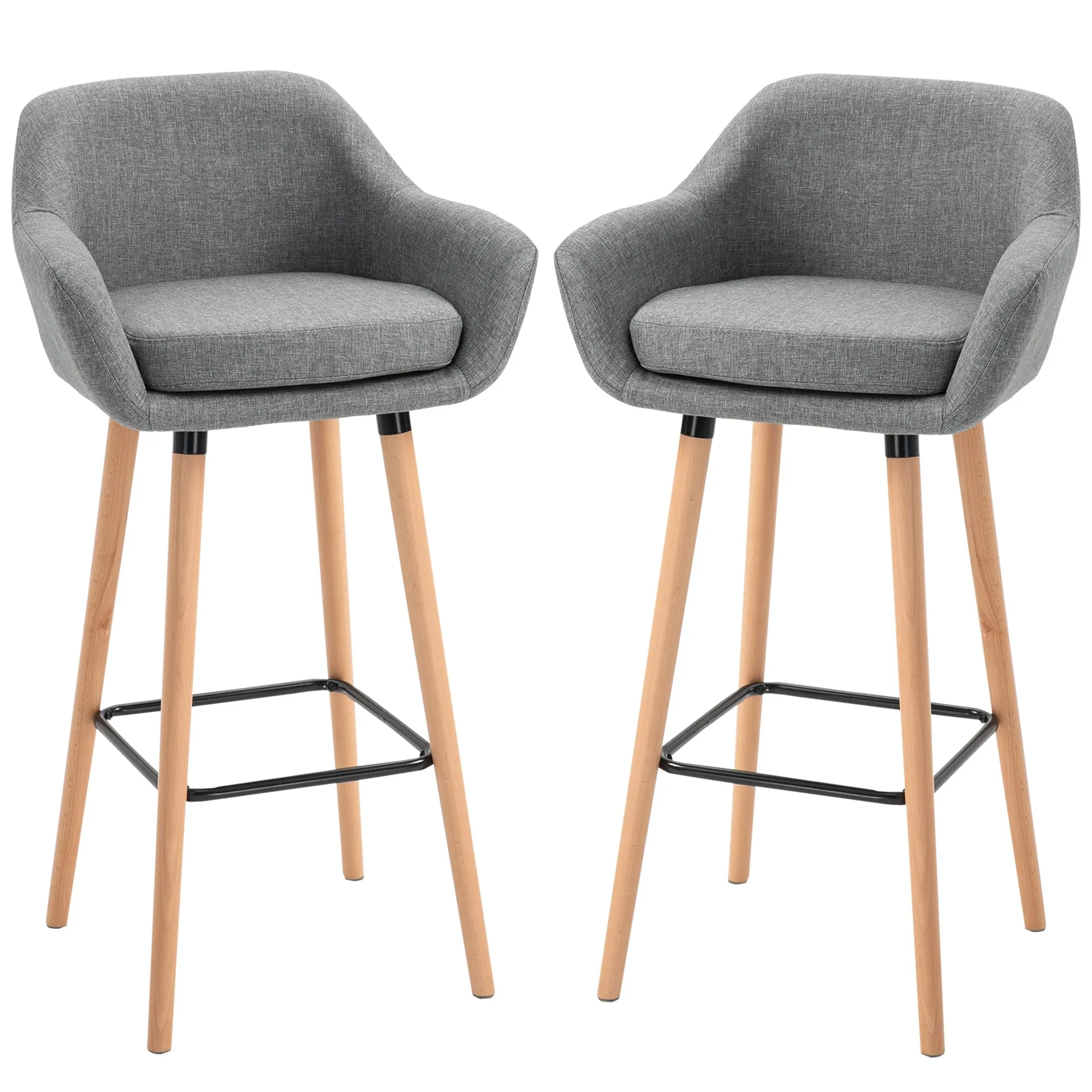 Tabourets de Bar Design scandinave - Lot de 2 tabourets de Bar Grand Confort avec Repose-Pieds et accoudoirs - Bois massif Lin Gris foncé