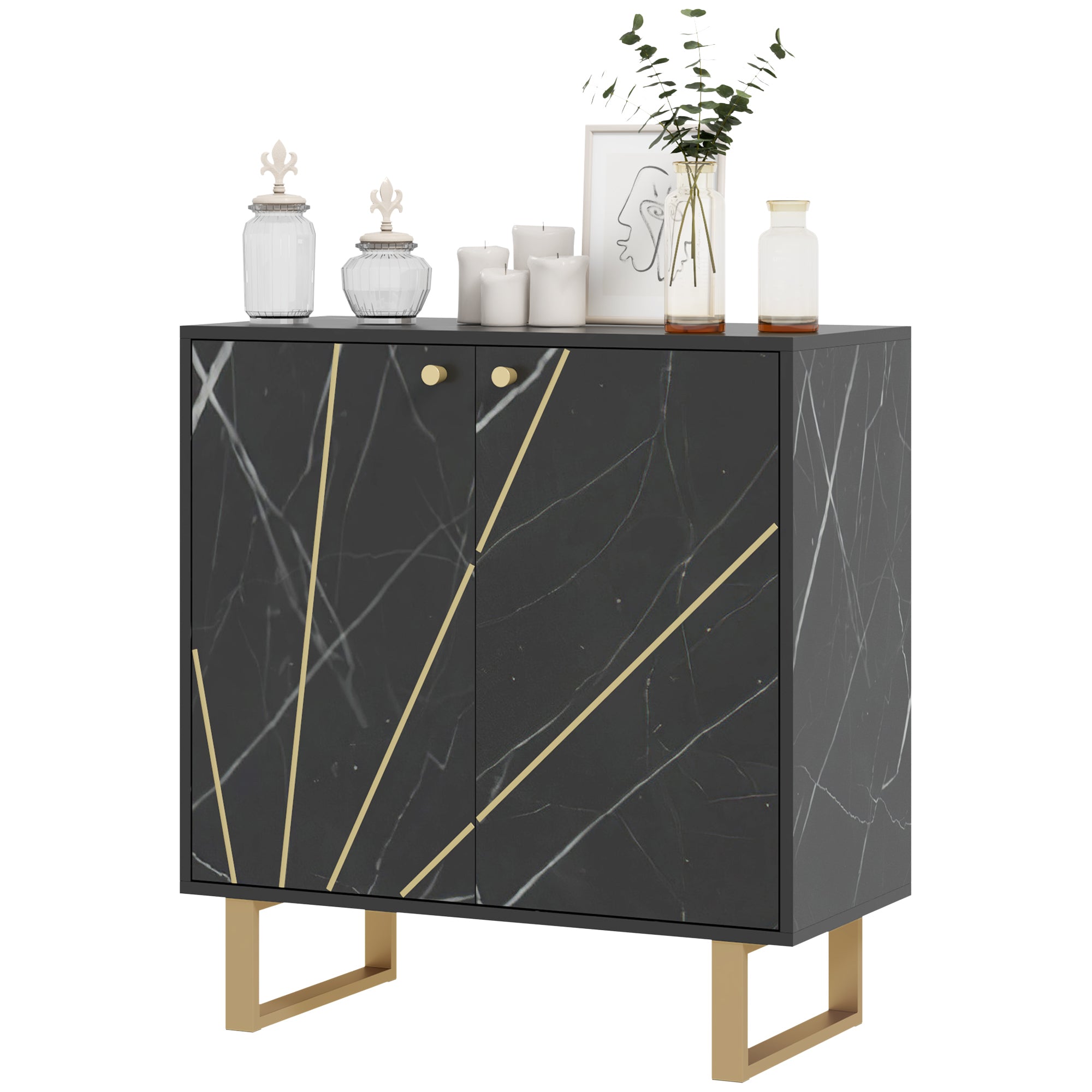 Meuble de rangement buffet salon avec 1 placard 2 portes et étagère réglable, pieds en métal - dim. 76L x 35l x 77H cm, aspect marbre noir