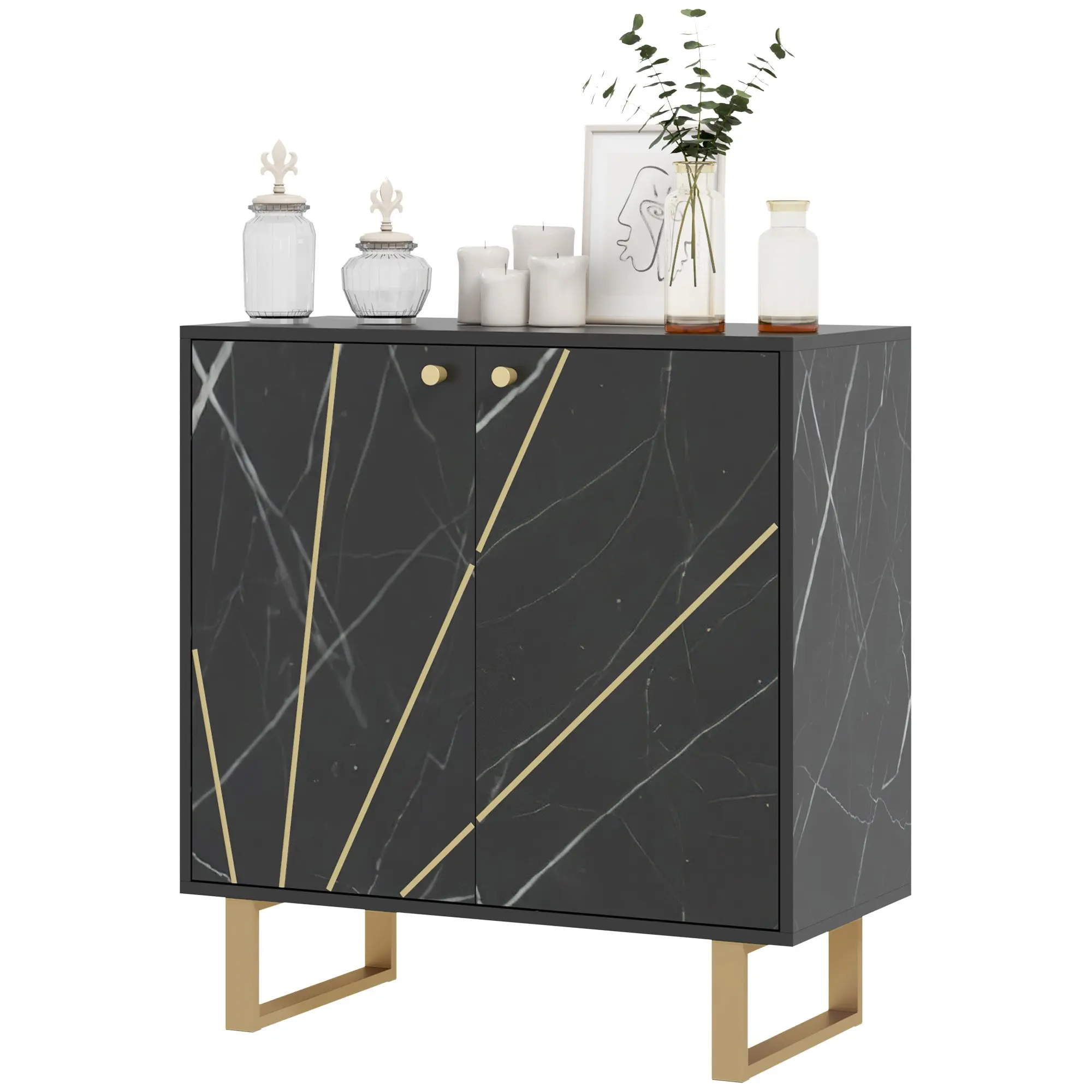 Meuble de rangement buffet salon avec 1 placard 2 portes et étagère réglable, pieds en métal - dim. 76L x 35l x 77H cm, aspect marbre noir