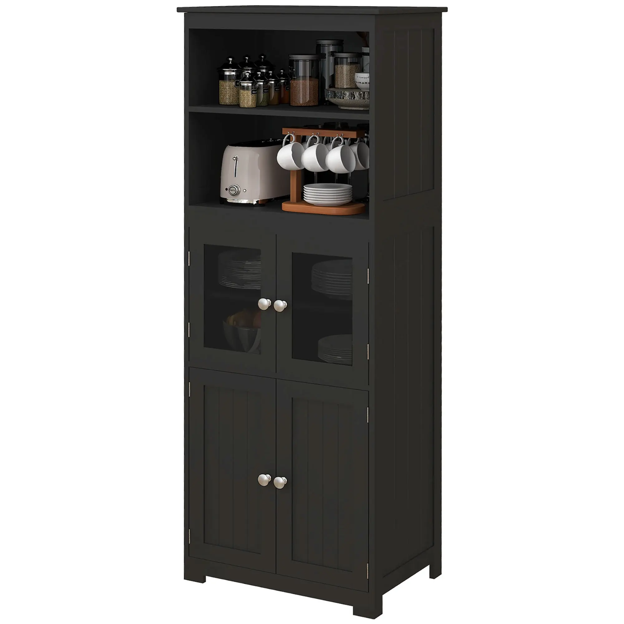 Armoire de cuisine buffet cuisine vaisselier meuble de rangement avec 2 niches, 2 placards avec 4 portes dont 2 portes vitrées, étagère réglable - dim. 60I x 30P x 162H cm noir