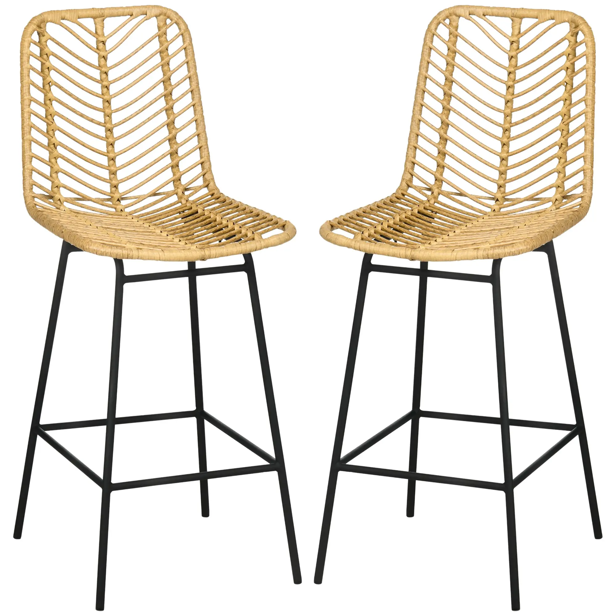 Lot de 2 tabourets de bar chaise de bar design bohème Hauteur 66 cm avec repose-pieds métal et dossier cannage - naturel