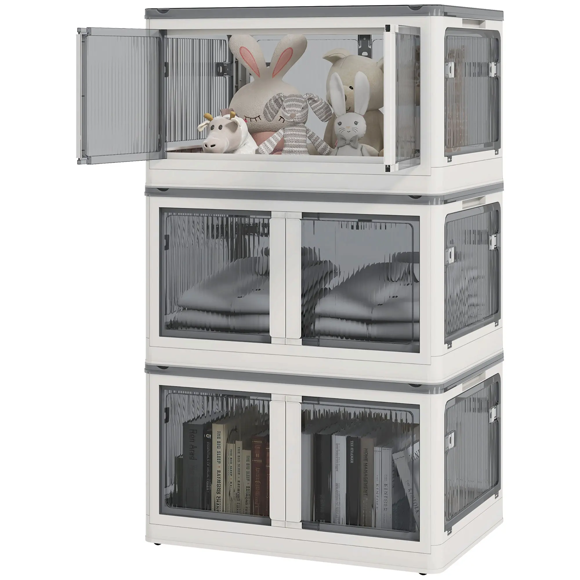 Boîtes de rangement pliables et empilables 69L en plastique, caisses rangement 3 cubes avec couvercle et 4 roulettes, accès à 5 côtés, pour jouets et livres, blanc