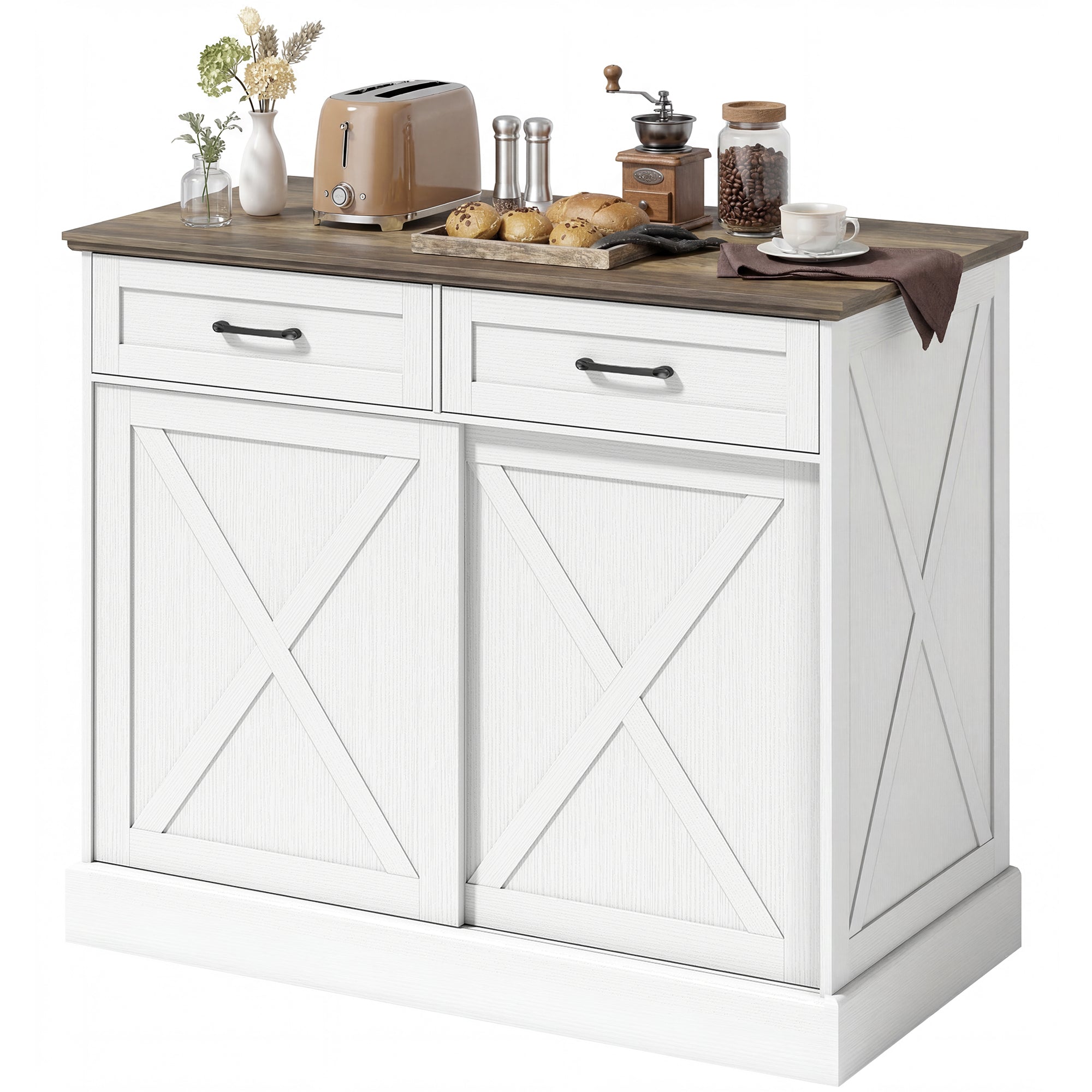 Îlot Central Cuisine, Buffet Cuisine, Meuble de Rangement avec 2 Tiroirs, 2 Portes Coulissantes et étagère Réglable, Style Rustique, 106,4 x 57 x 92 cm, Blanc et Marron