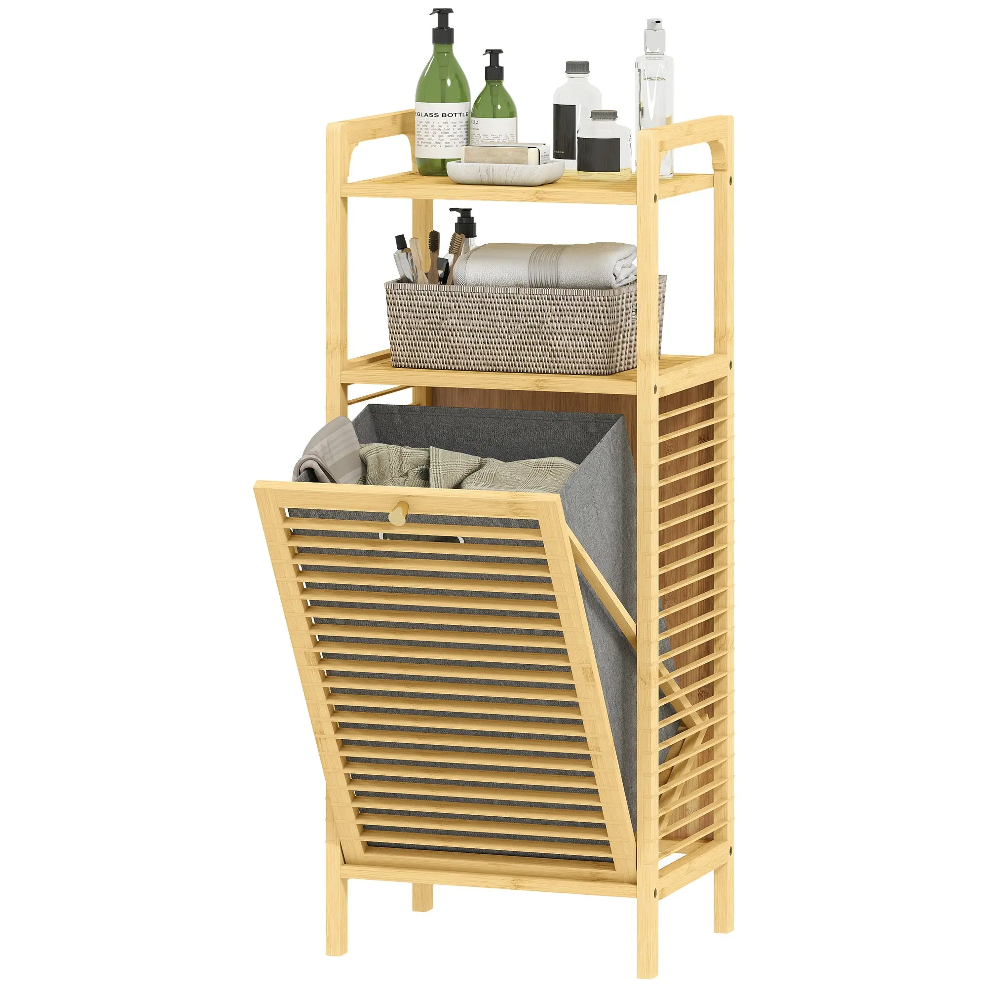 Meuble de rangement à linge en bambou, meuble de salle de bain avec étagère, panier à linge basculant, porte à lattes et sac de rangement amovible, 40 x 30 x 95 cm, effet bois naturel