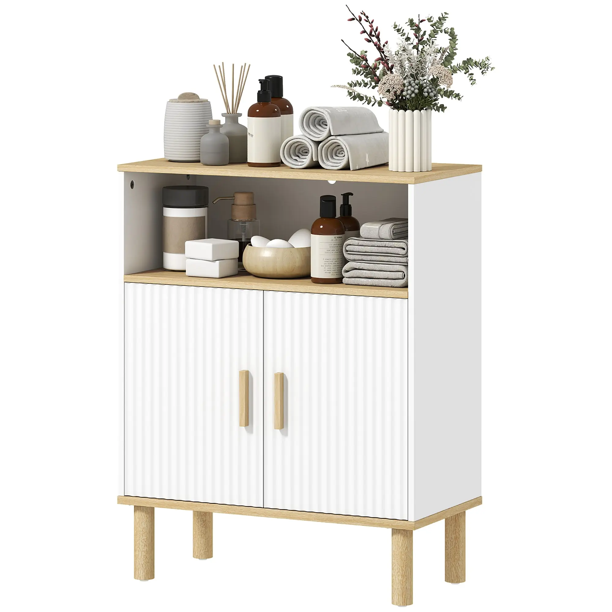 Meuble de salle de bain, meuble de rangement avec 2 portes, compartiment ouvert et étagère réglable, armoire salle de bain, salon, chambre, 60 x 29,5 x 76,5 cm, blanc et bois naturel