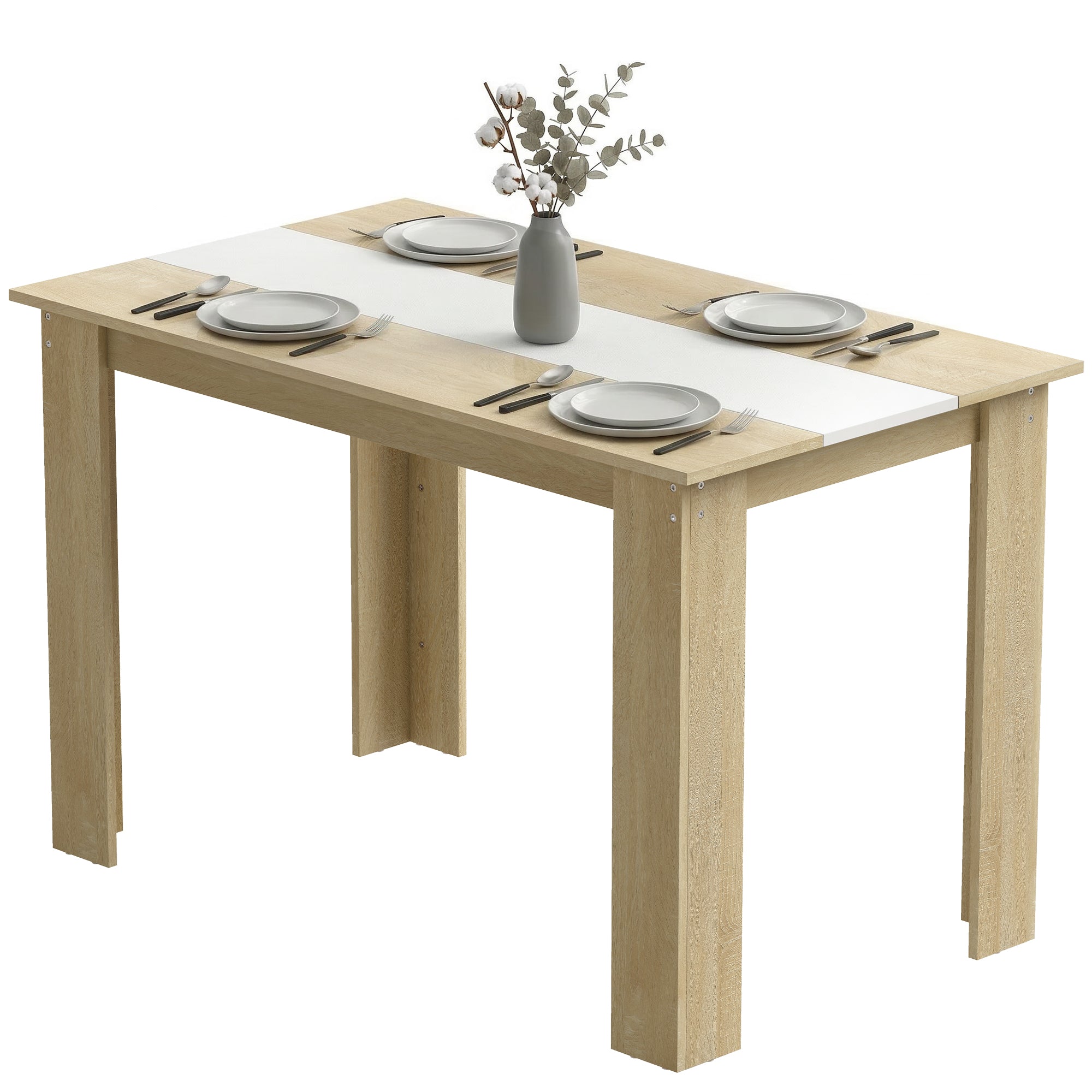 Table à manger rectangulaire pour 4 à 6 personnes, table de cuisine, 120 x 69 x 75 cm, style moderne, pieds triangulaires plus stable, chêne et blanc