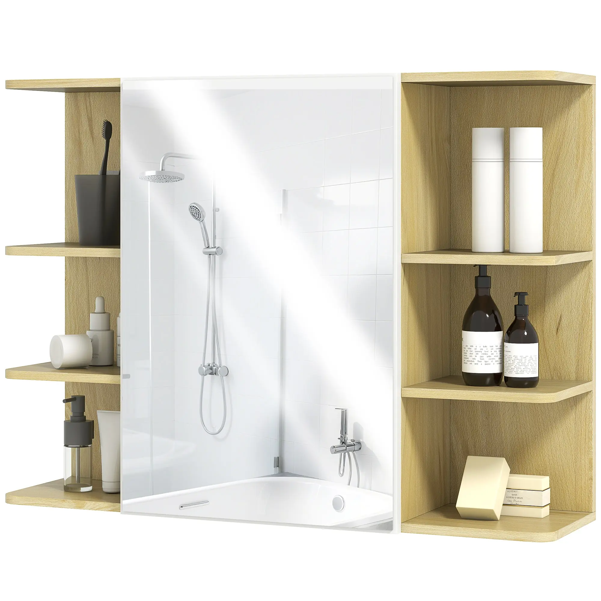 Armoire murale salle de bain avec miroir, meuble salle de bain, armoire de toilette avec étagères ouvertes, miroir avec rangement, 80 x 20 x 59 cm, effet bois naturel