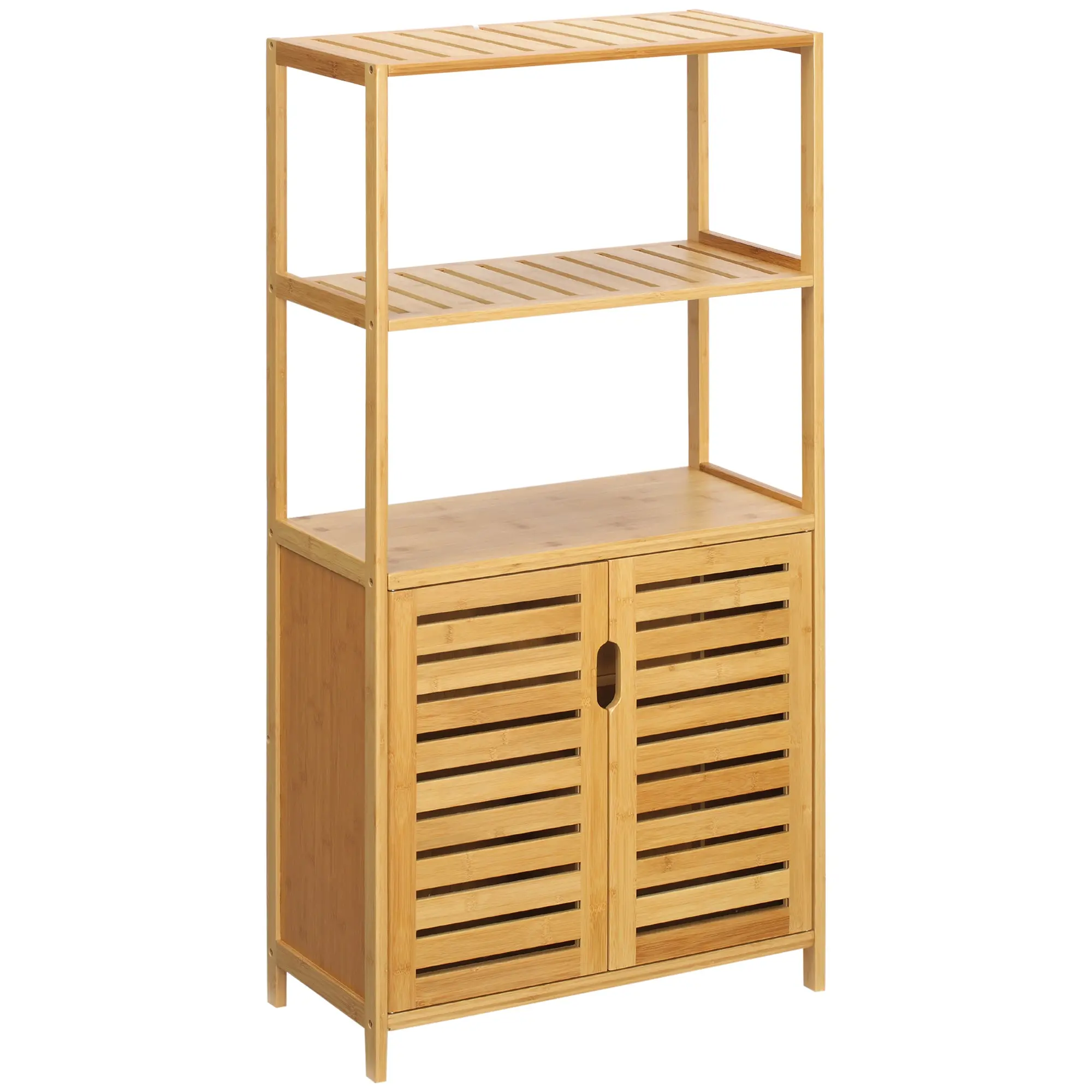 Meuble salle de bain en bambou, armoire salle de bain sur pied avec 2 étagères ouvertes et double porte à lattes, meuble de rangement pour salon, chambre, toilette, 60 x 30 x 120 cm, naturel