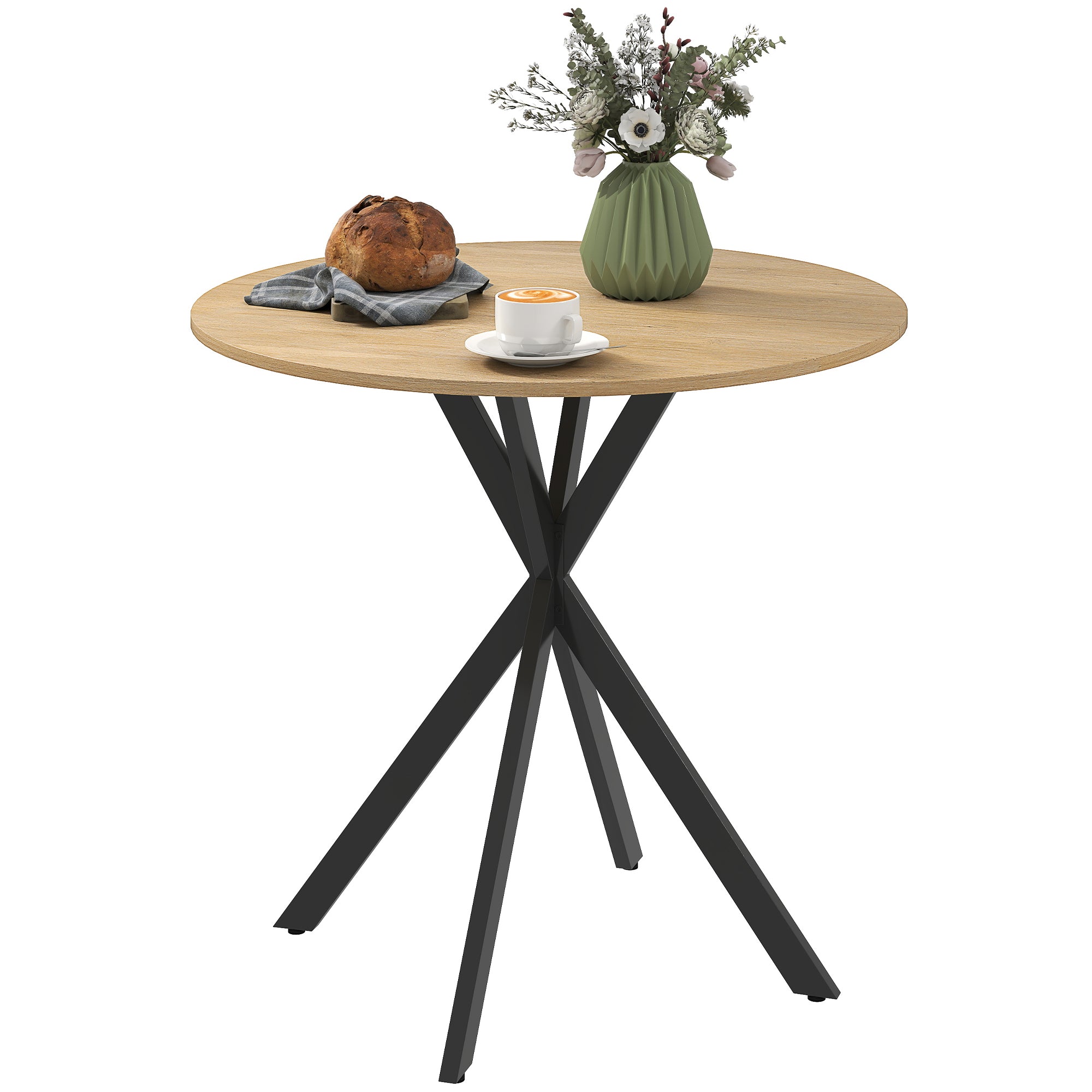 Table à manger ronde pour 2 personnes table de cuisine 80 cm style industriel avec plateau aspect bois et piètement croisé en acier, blanc chêne