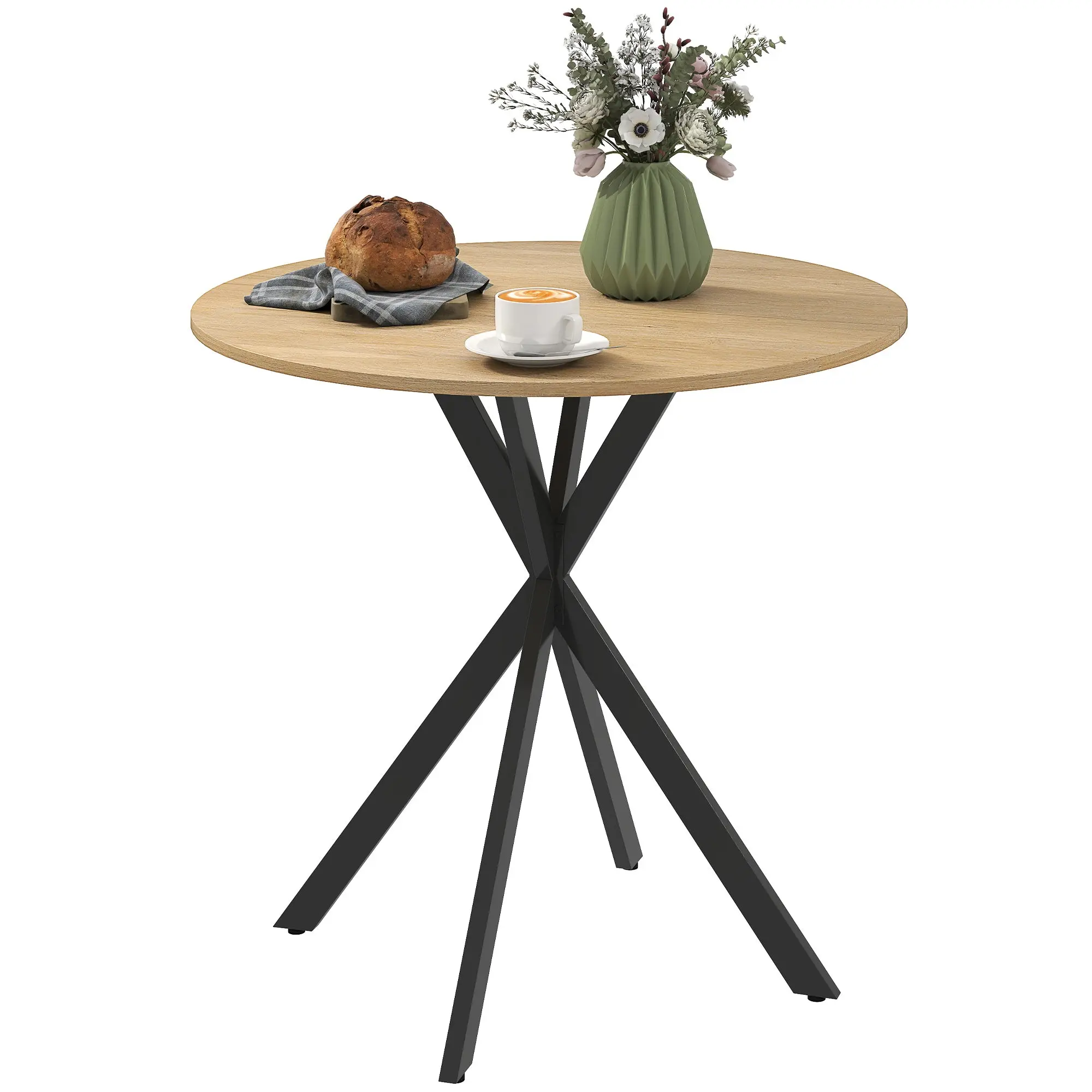 Table à manger ronde pour 2 personnes table de cuisine 80 cm style industriel avec plateau aspect bois et piètement croisé en acier, blanc chêne