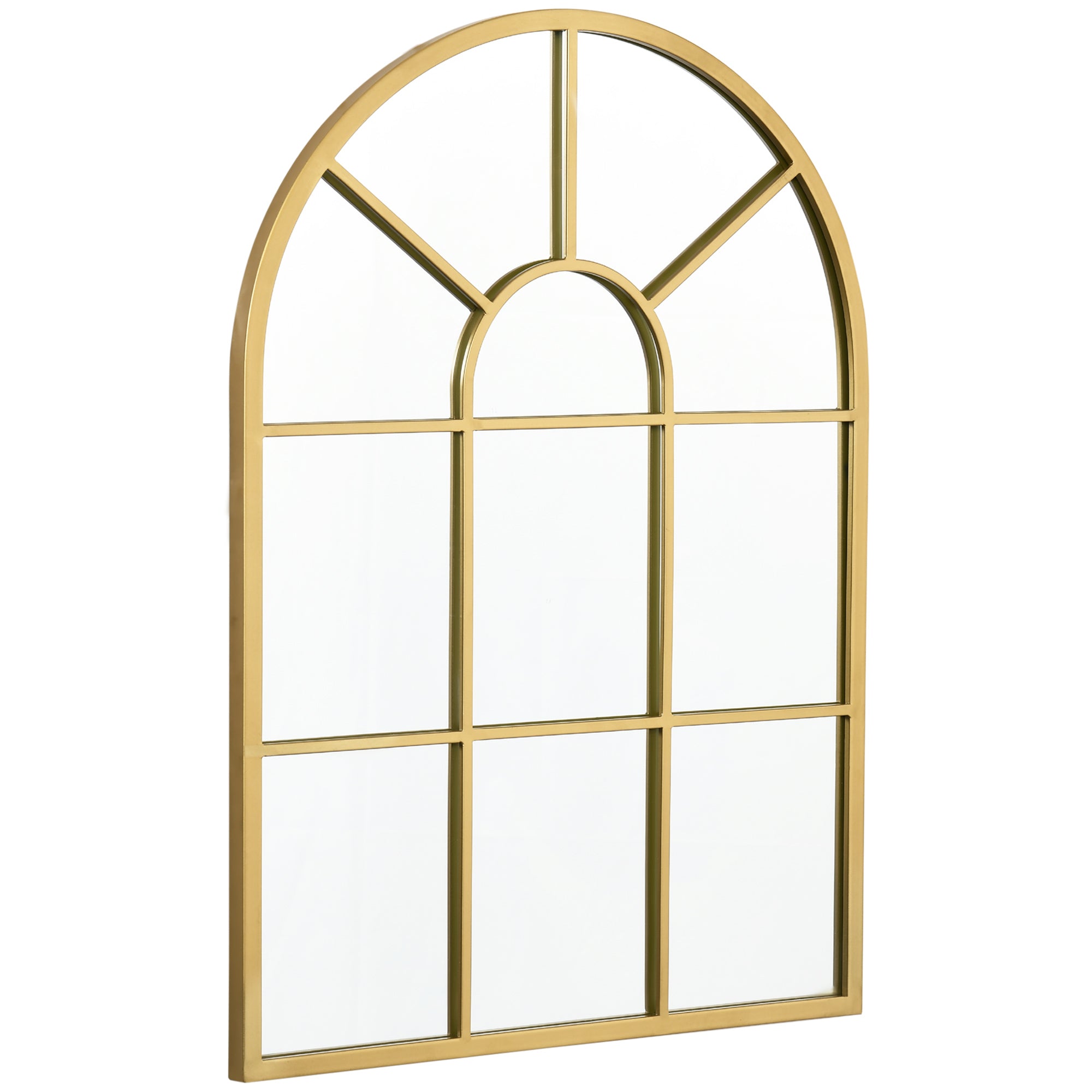 Miroir mural arqué 70 x 50 cm, miroir verrière arche style industriel, miroir de fenêtre arqué avec cadre métallique, pour salon, chambre, couloir, doré