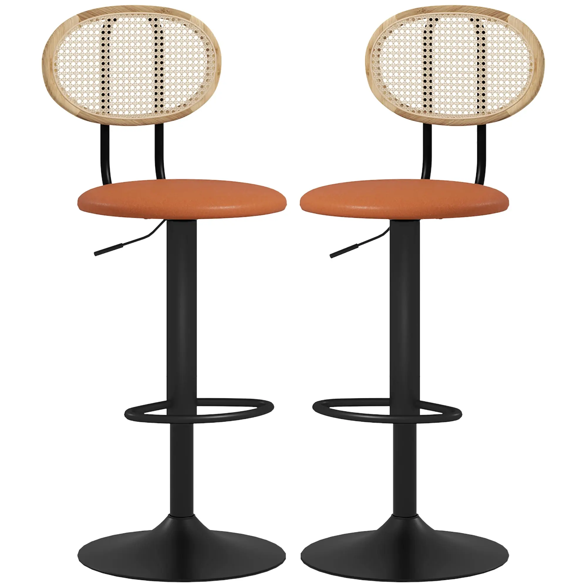 Lot de 2 tabourets de bar chaises de bar hauteur réglable avec dossier en rotin et repose-pieds, tabouret haut moderne, structure bois revêtement synthétique marron
