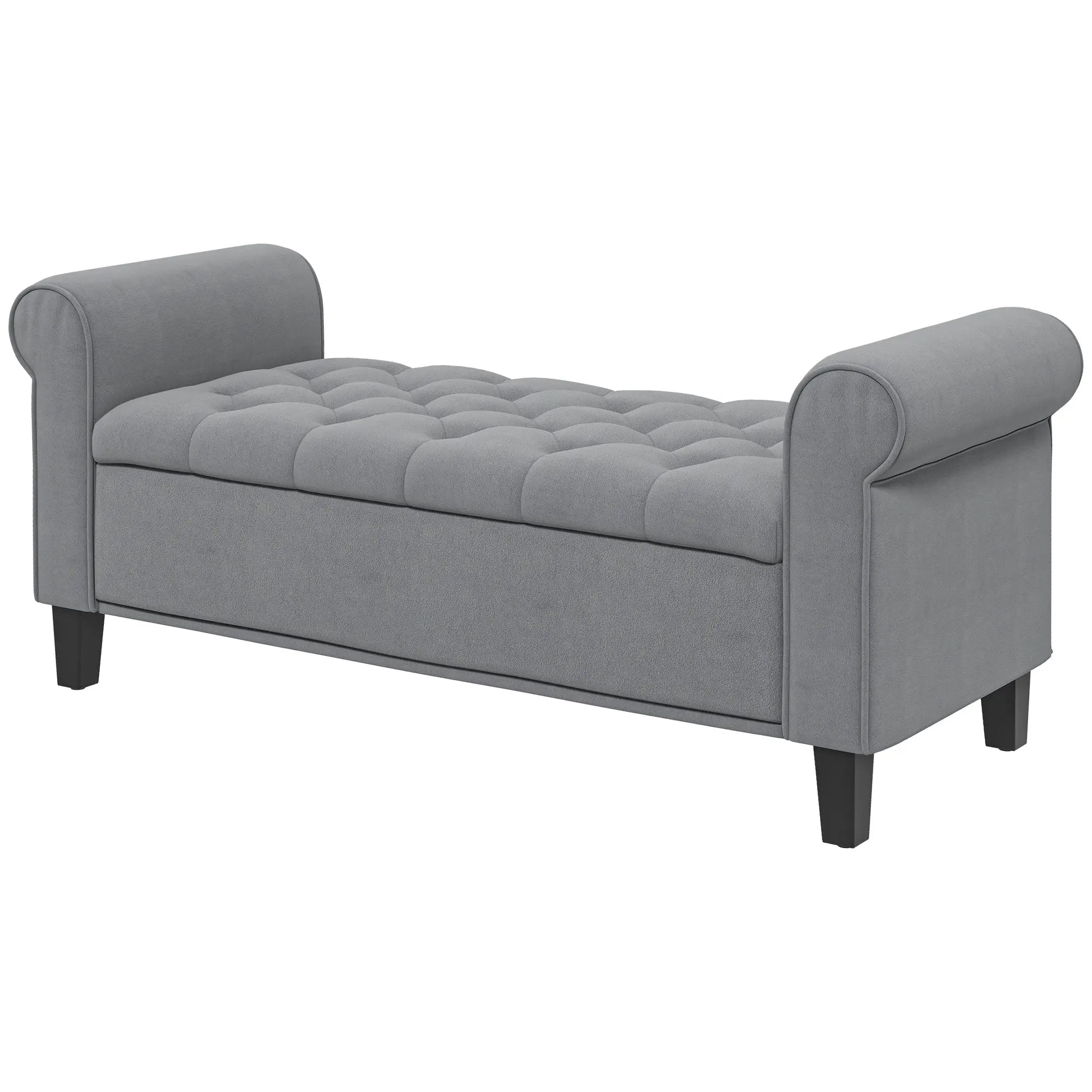 Banc de rangement bout de lit avec accoudoirs, coffre de rangement en tissu velours rembourré et capitonné, charge jusqu'à 220 kg, pour salon, chambre, entrée, 126 x 48,5 x 57 cm, gris