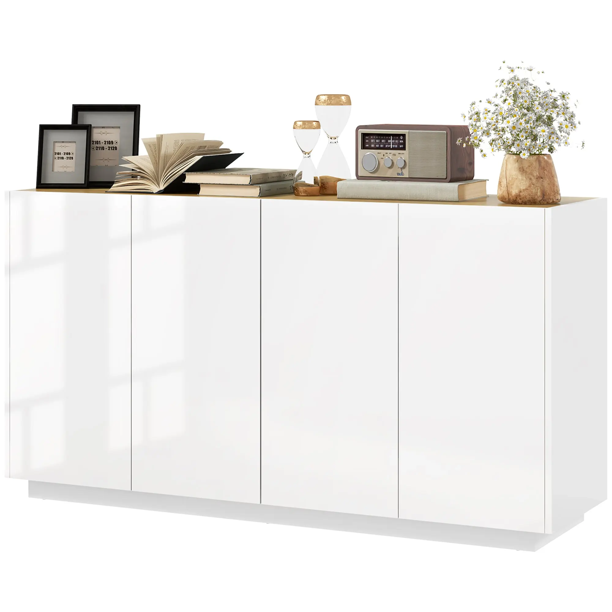 Buffet salle à manger, buffet cuisine, avec 4 portes à fermeture douce et étagères réglables, 140 x 40 x 75 cm, blanc laqué